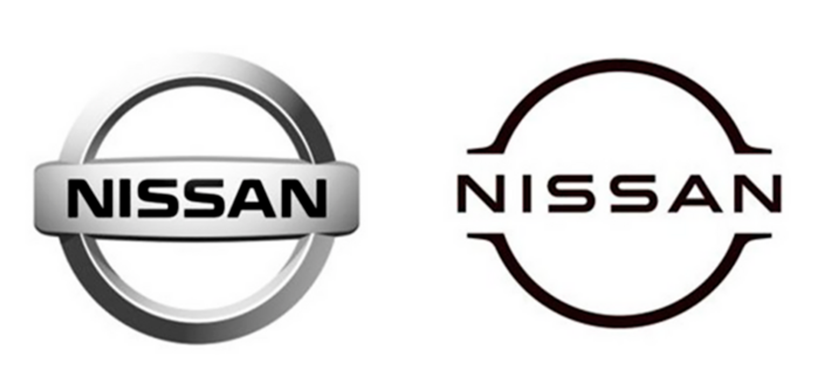 Nissans gamle og nye logo. Det er slut med den meget tredimensionelle stil, som var moderne for 10-20 år siden.