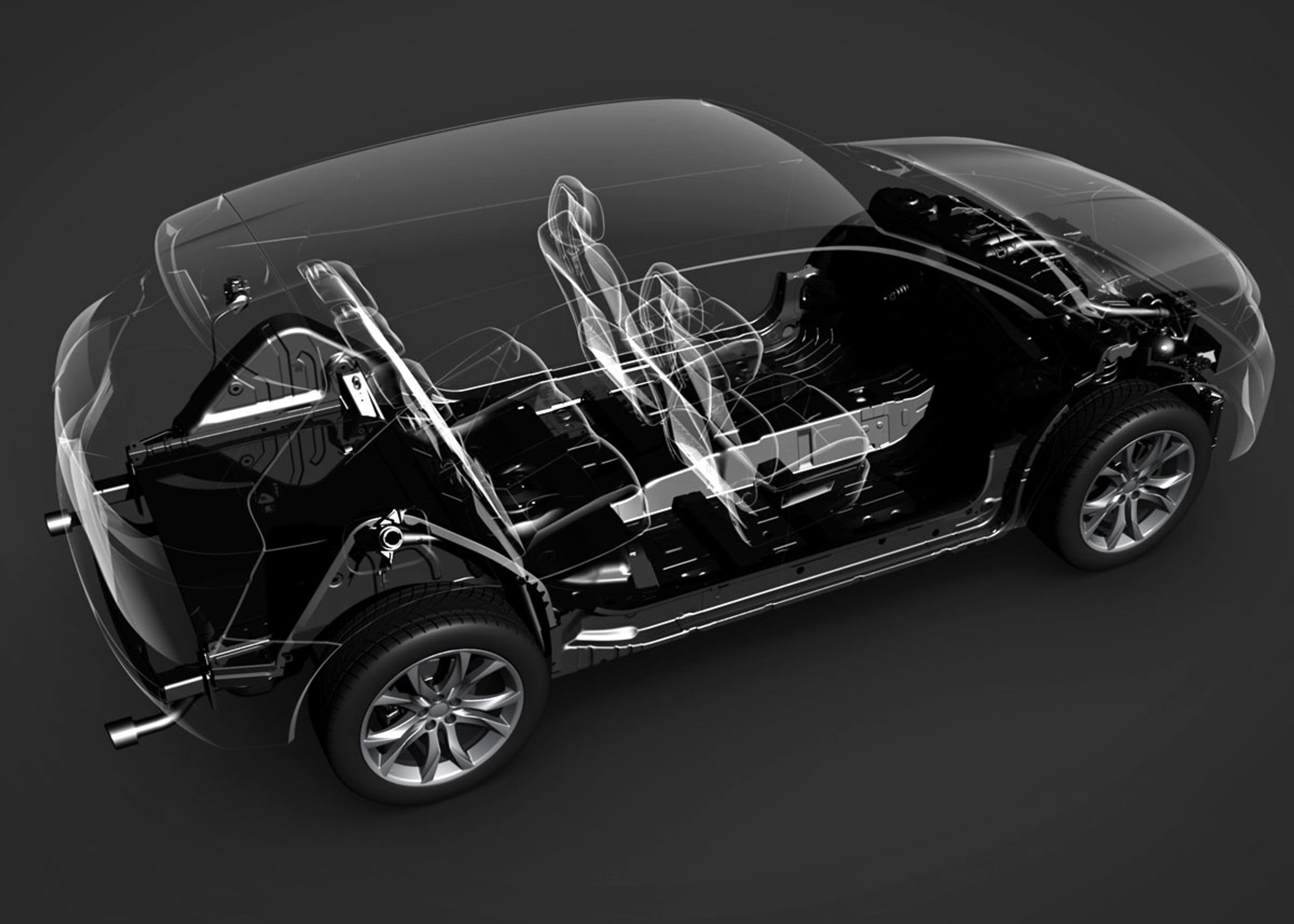 Illustrationen skal vise, at hybridteknikken ikke stjæler plads fra kabinen. Men batteriet ville gøre det umuligt at have tre sæderækker i Peugeot 5008, og derfor kommer denne model ikke som hybrid. 