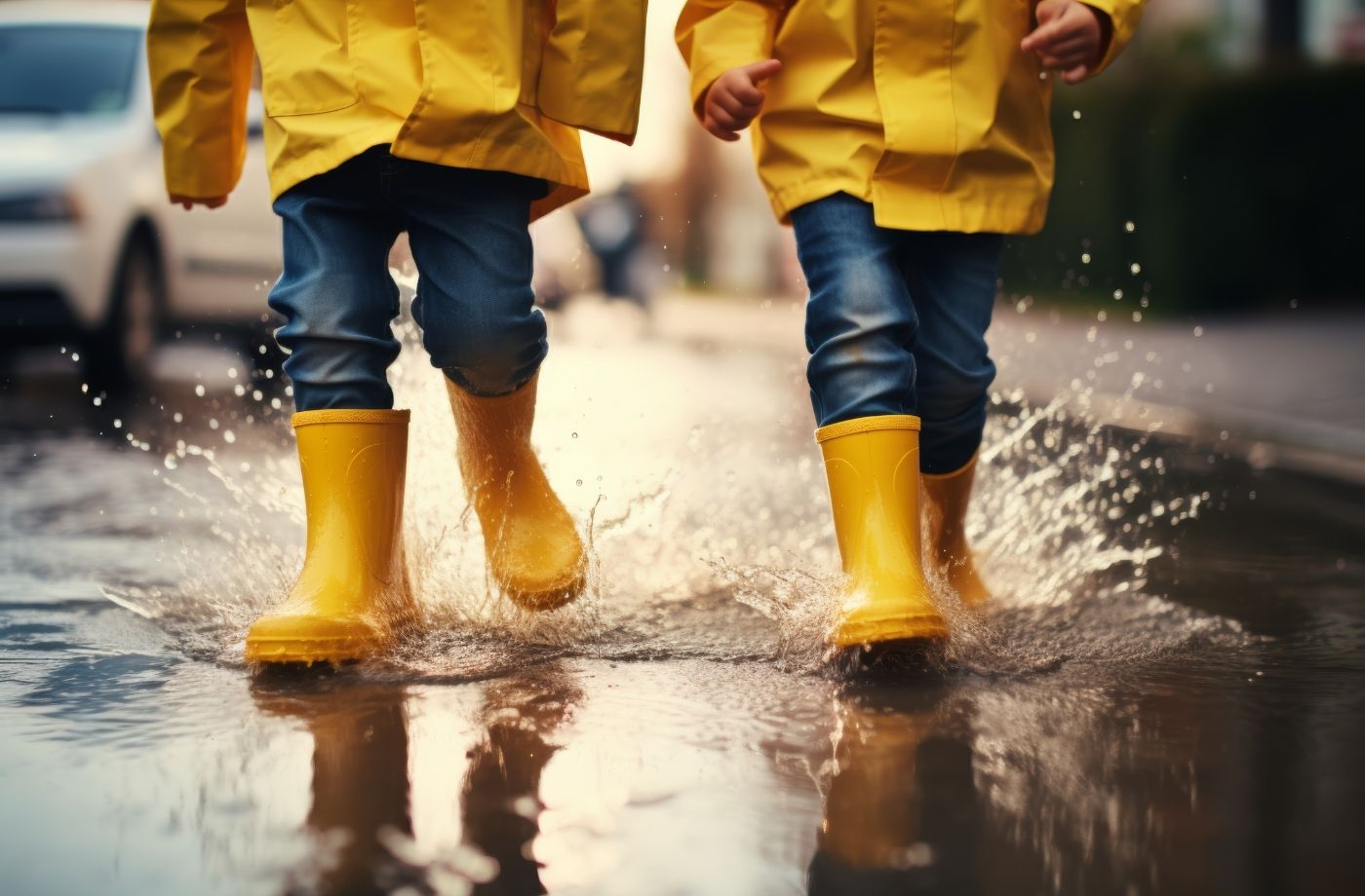 børn i gult regntøj går i en vandpyt