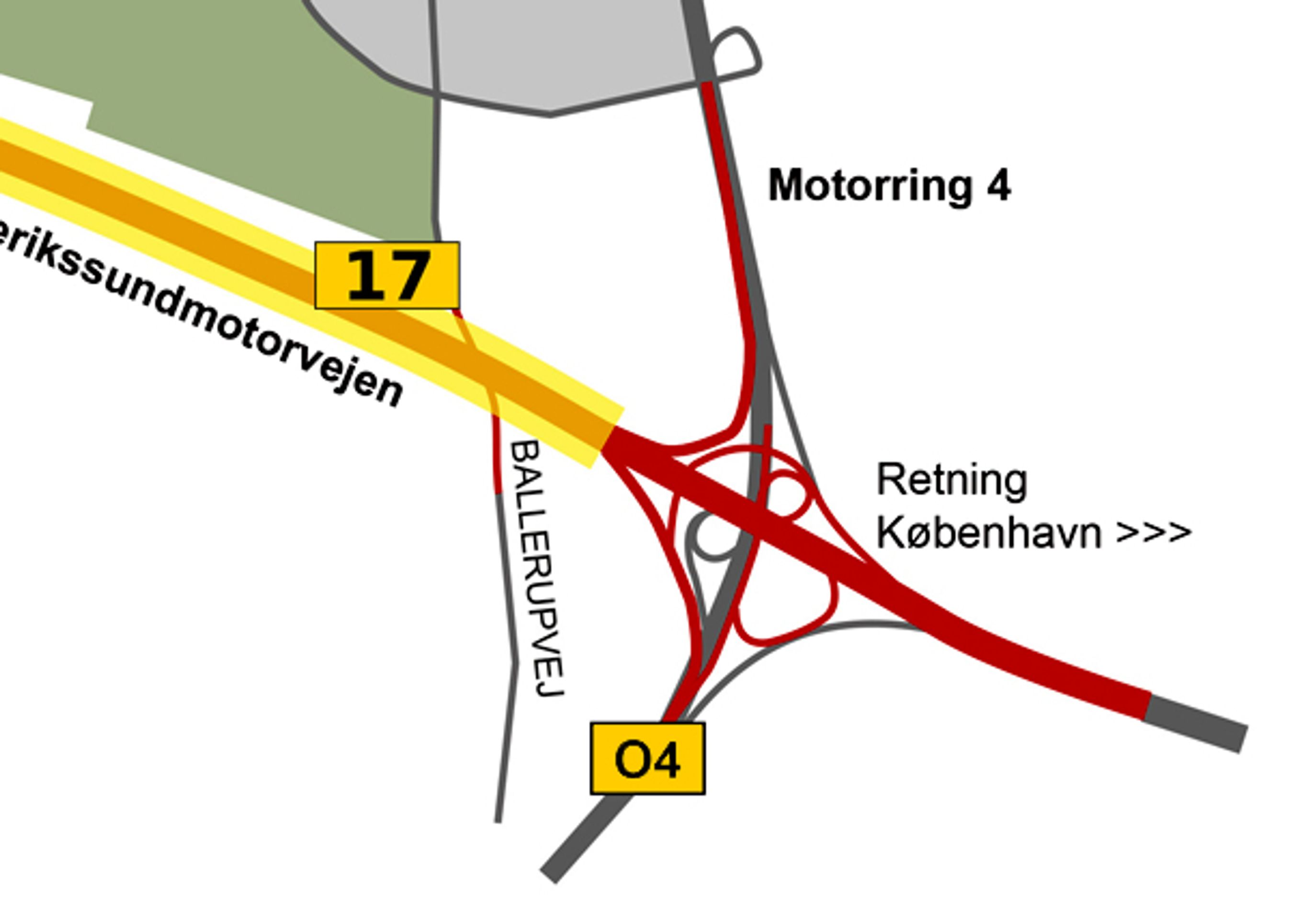 Motorvejskryds Ballerup forbinder Frederikssunds-motorvejen og Motorring 4. De røde dele er ombyggede eller nye strækninger, mens de grå er de oprindelige.