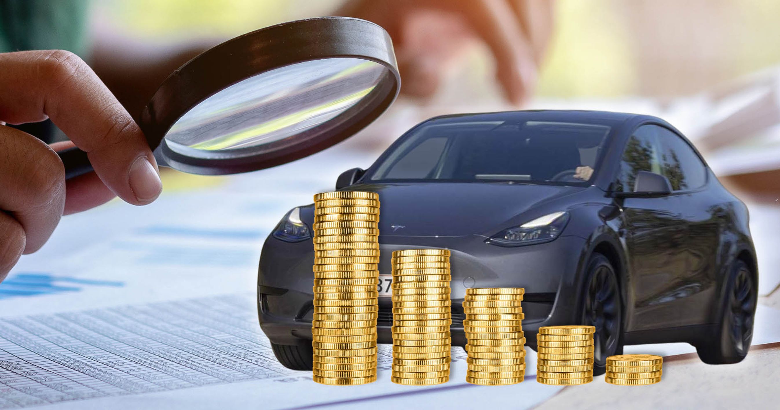 Lup kigger på Tesla Model Y og fem stakke med mønter