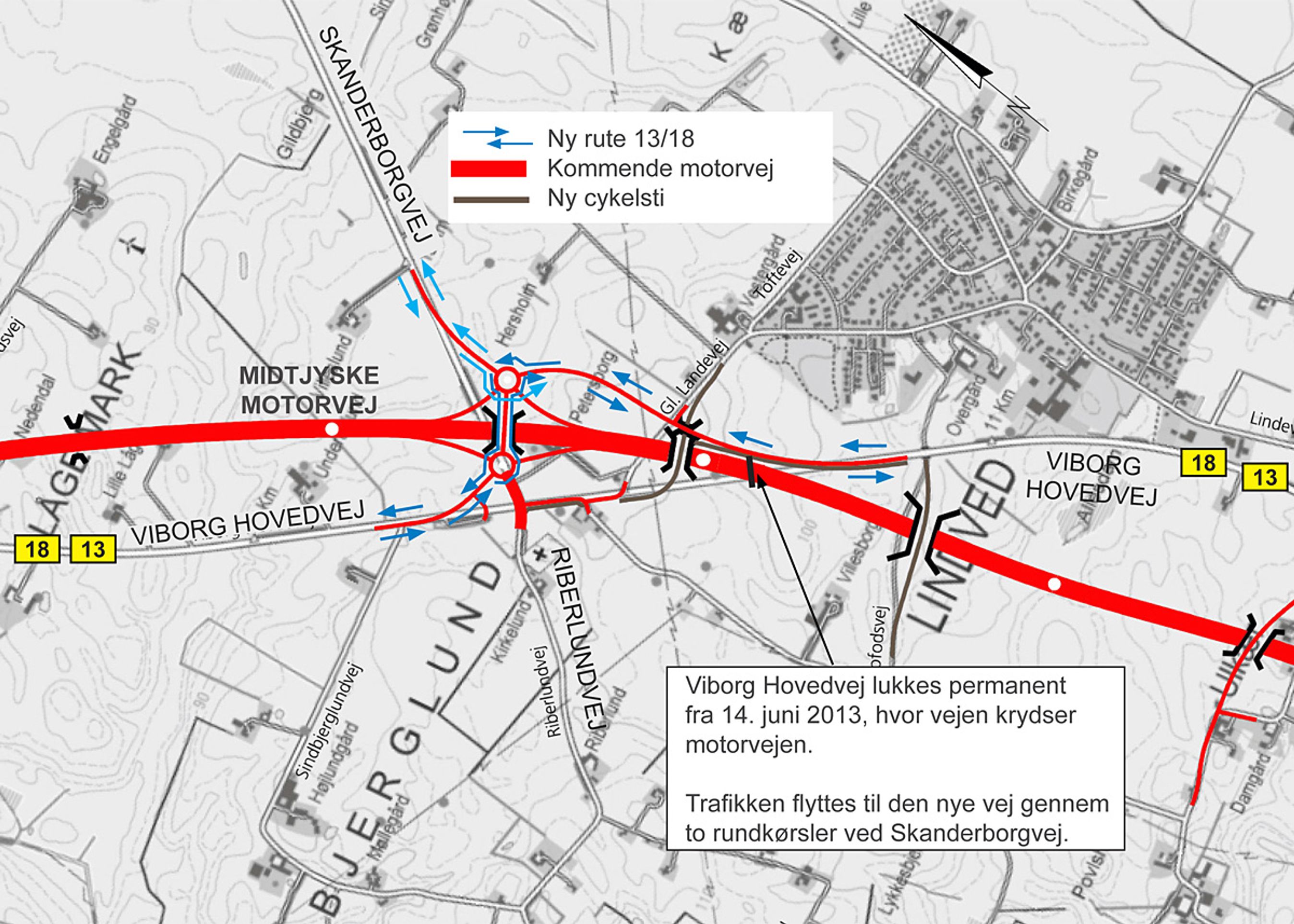 De mange biler på rute 13/18 skal de næste måneder gennem to rundkørsler for at krydse den nye motorvej.
