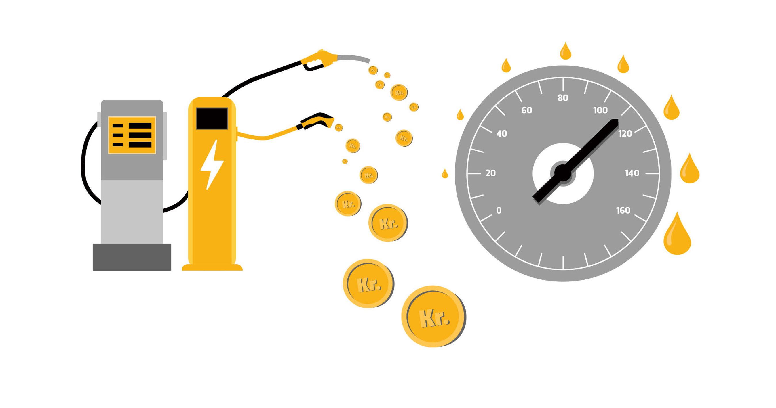 Grafik med tankstander, ladestander og et speedometer 