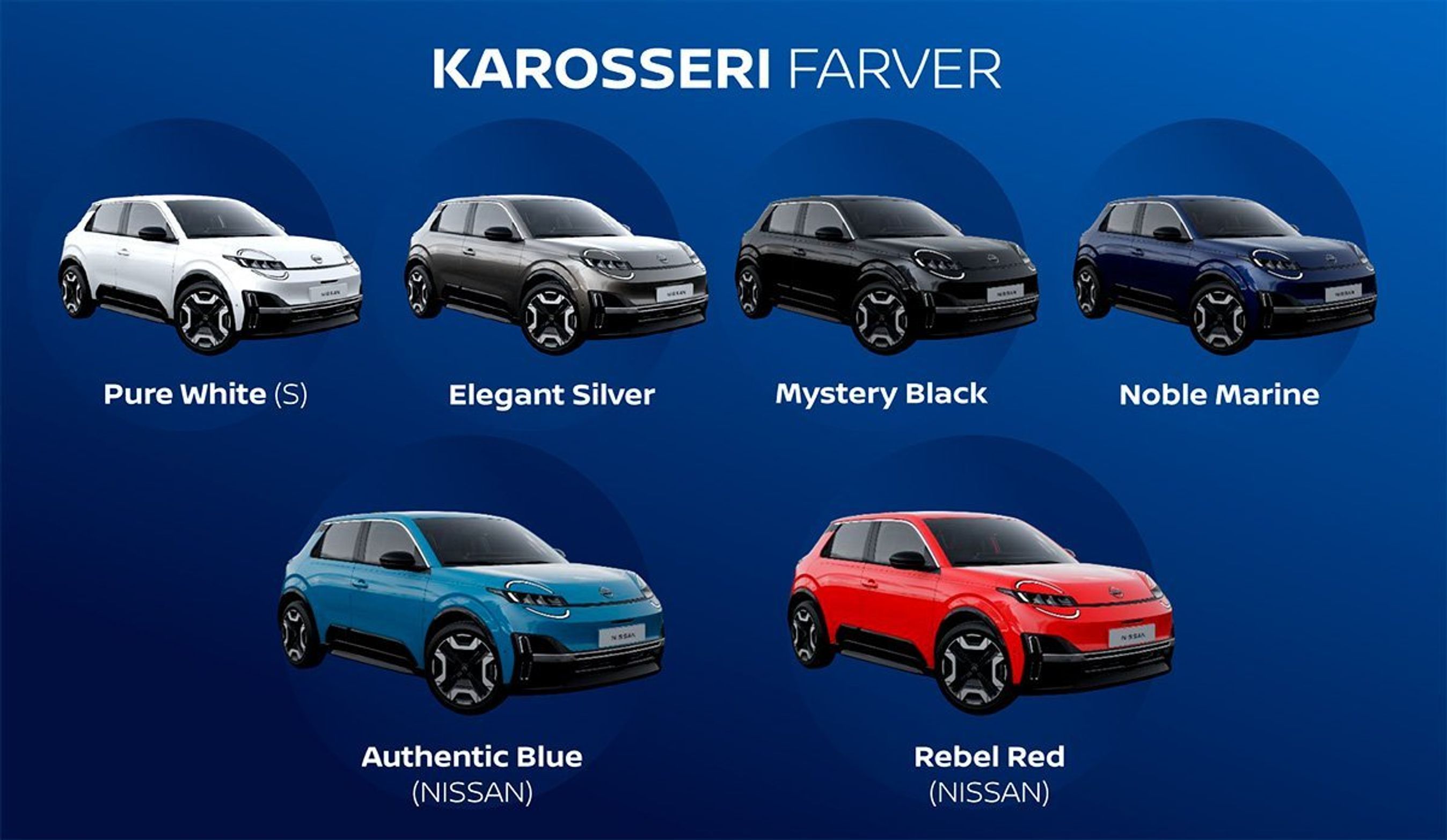 Seks udgaver af Micra med forskellig farve.