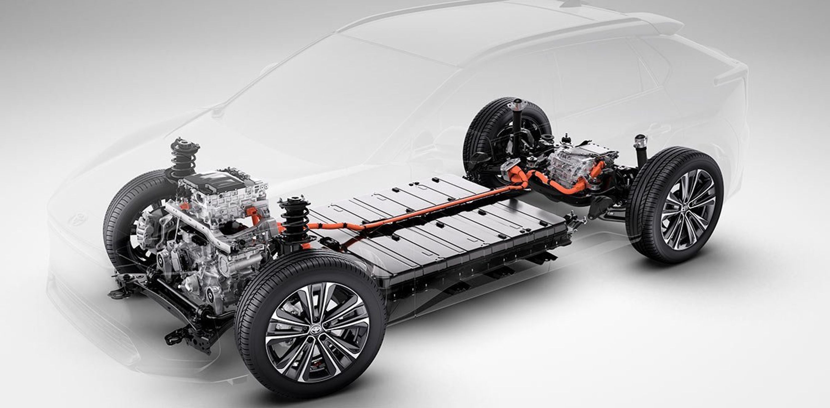 BZ4X er bygget på Toyotas nye platform til rent elektriske biler, e-TNGA,. Som på alle nye elbiler er batteriet fladt og placeret over det meste af vognbunden.