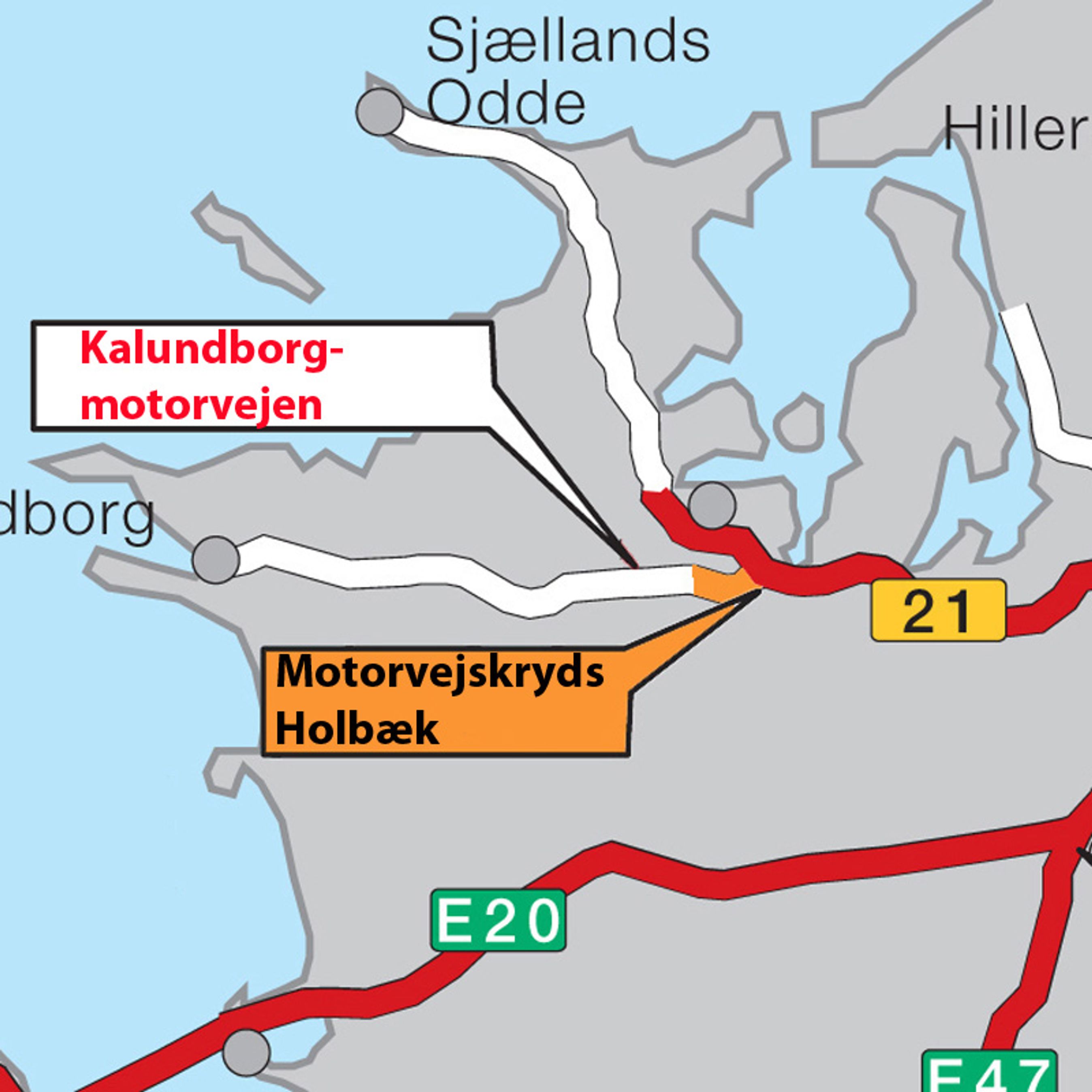 Første etape af Kalundborgmotorvejen (den gule strækning) bliver helt klar til juli. Kalundborgmotorvejen skal med tiden erstatte den delvist firesporede skovvejen. Krydset med Holbækmotorvejen er døbt "Holbæk".