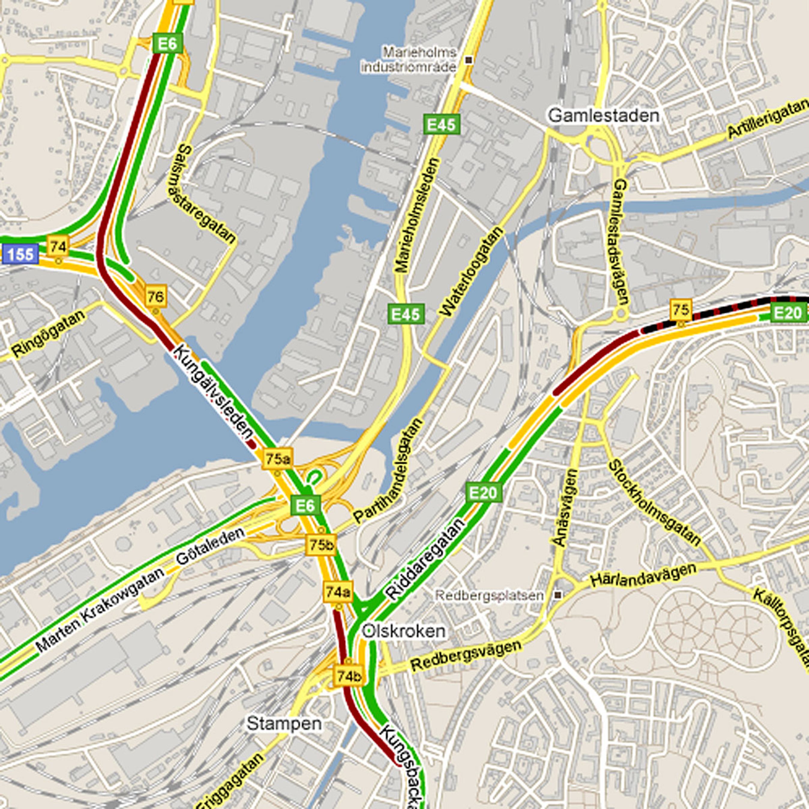 Hvis man zoomer ind, kan man se detaljer i byerne, her f.eks. at der er trafikpropper ved Tingstadstunellen i Gøteborg.