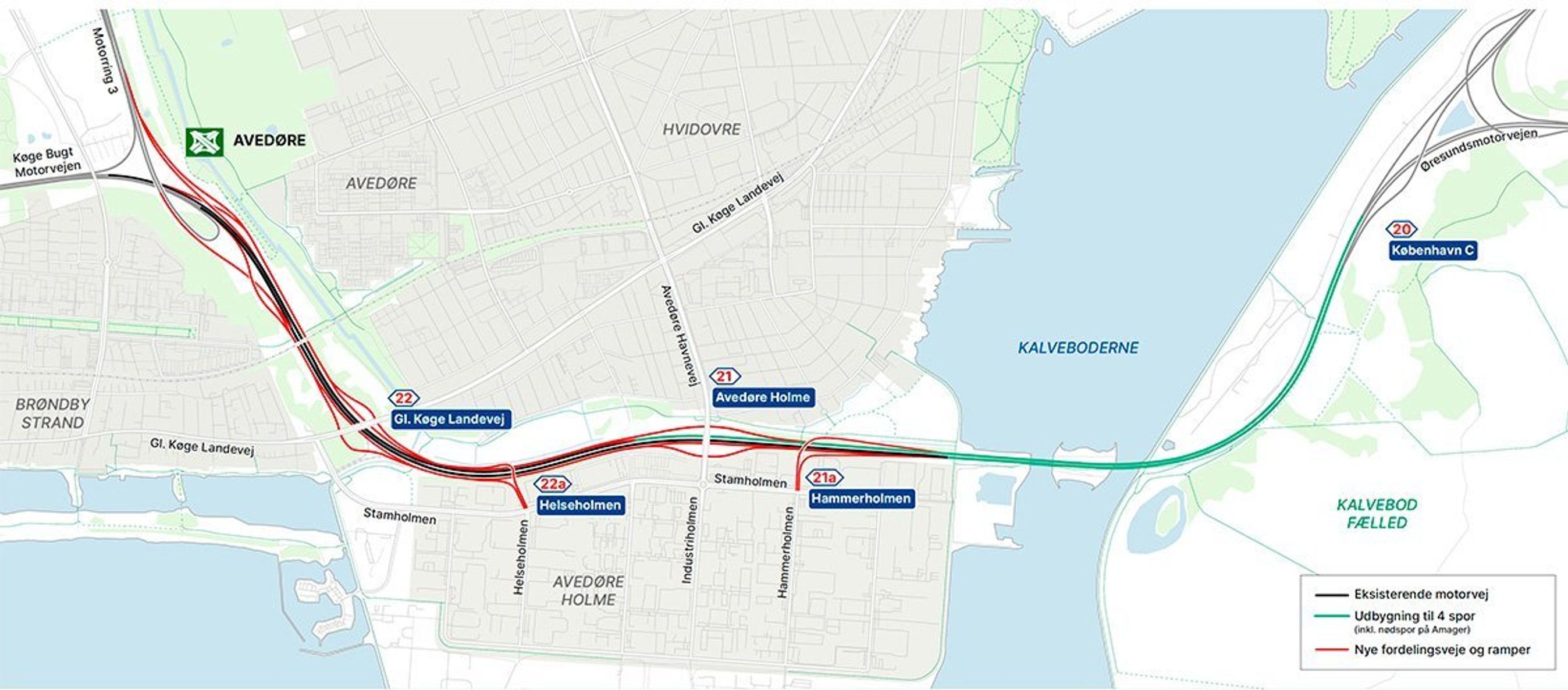 Kortskitse over de 9 km Amagermotorvejen.