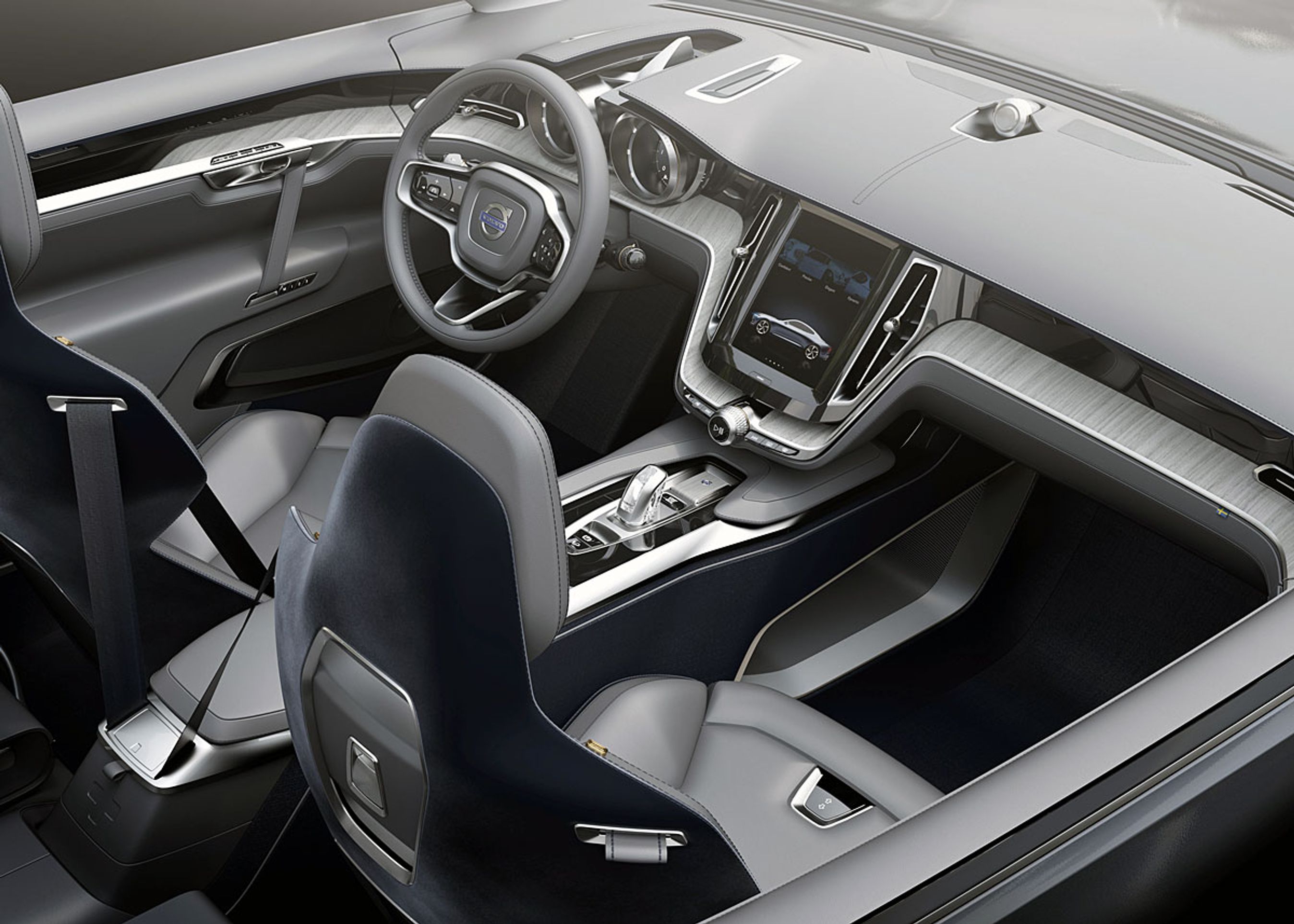 De markante, delvist kantede linjer går igen inde i kabinen.