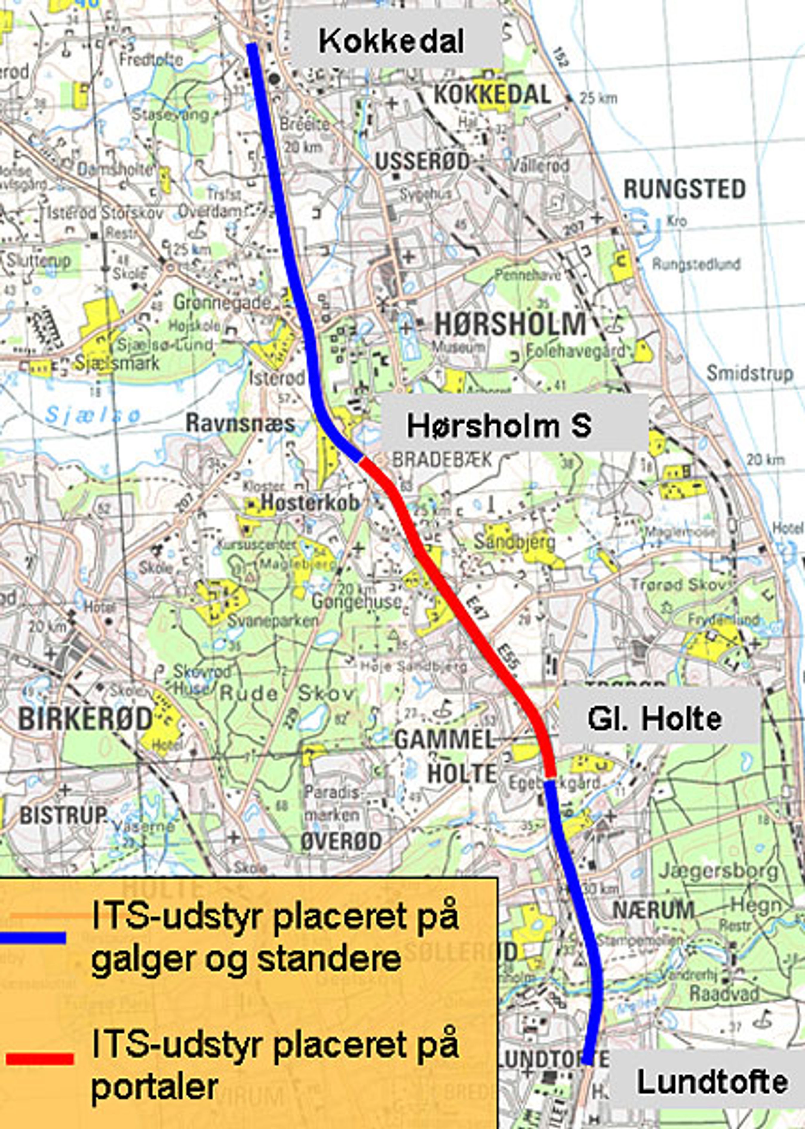 Hele den farvede del af Helsingørmotorvejen får de dynamiske tavler. Den midterste røde del skal udvides fra 2013.