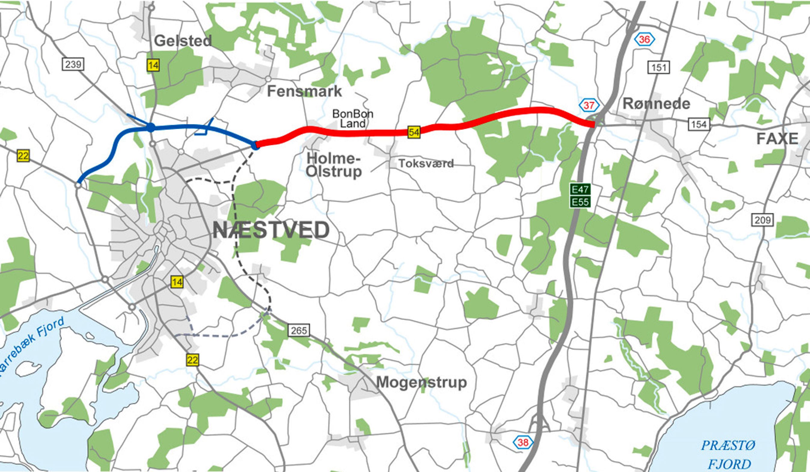 Rute 54 skal udbygges til motorvej mellem Næstved og Rønnede.