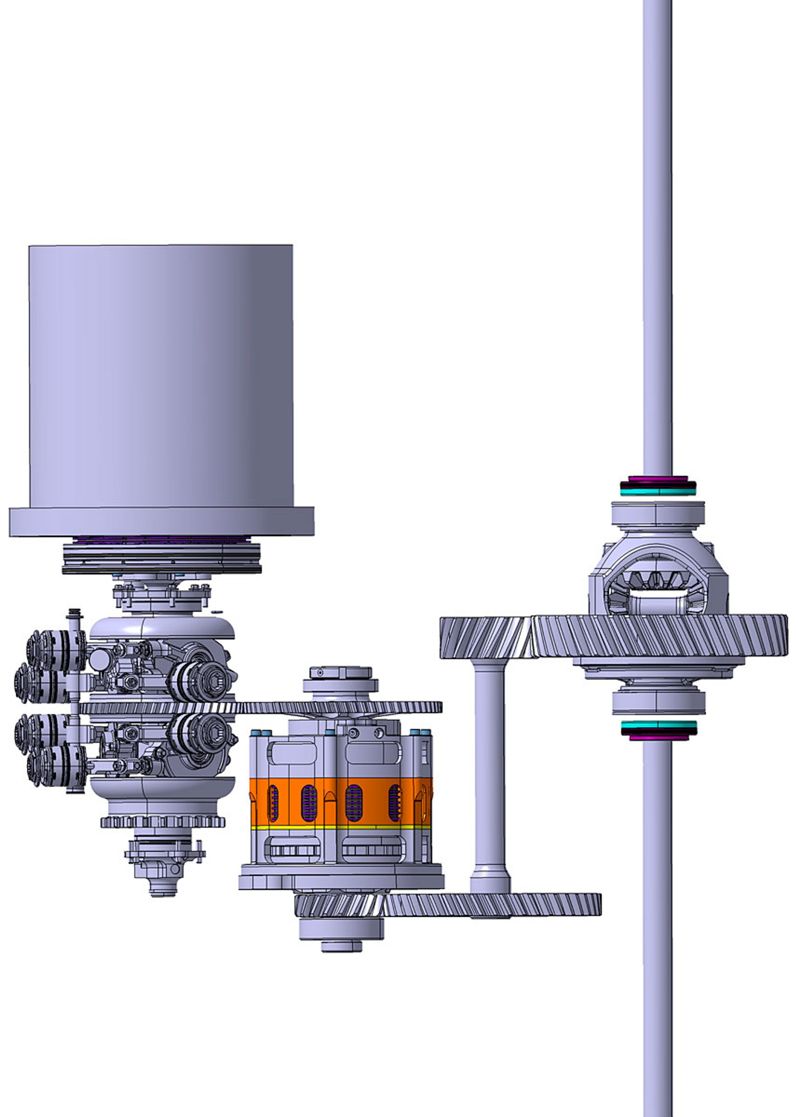 Sådan ser svinghjuls-teknikken ud i oversigtsform. Øverst til venstre ses sivinghjulet i sin runde kasse, og bagakslen er til højre. Elementerne imellem er gear og differentialer, som får flyttet energien mellem bagaksel og svinghjul.