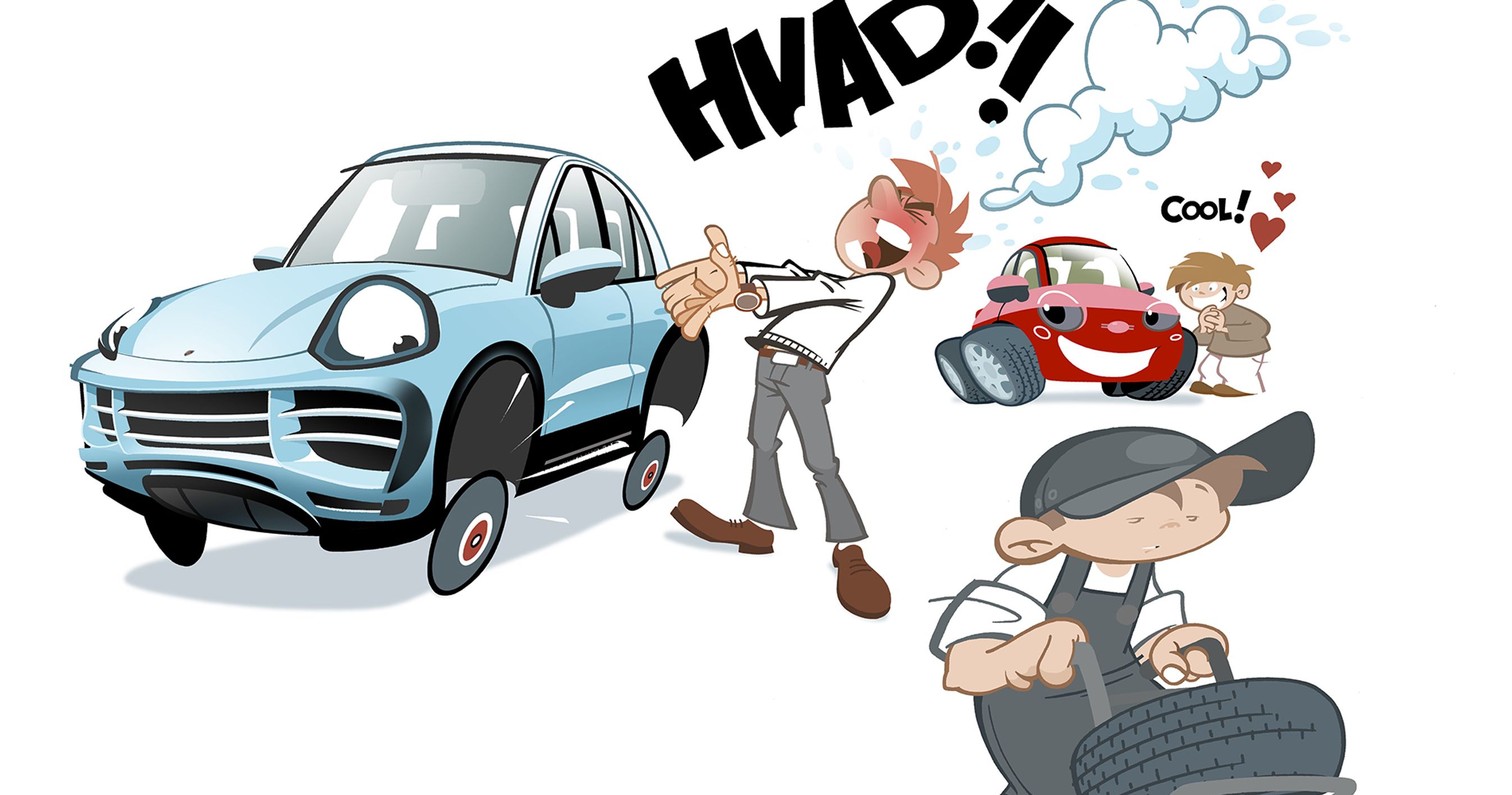 Illustration af vred mand ved bil med for små hjul