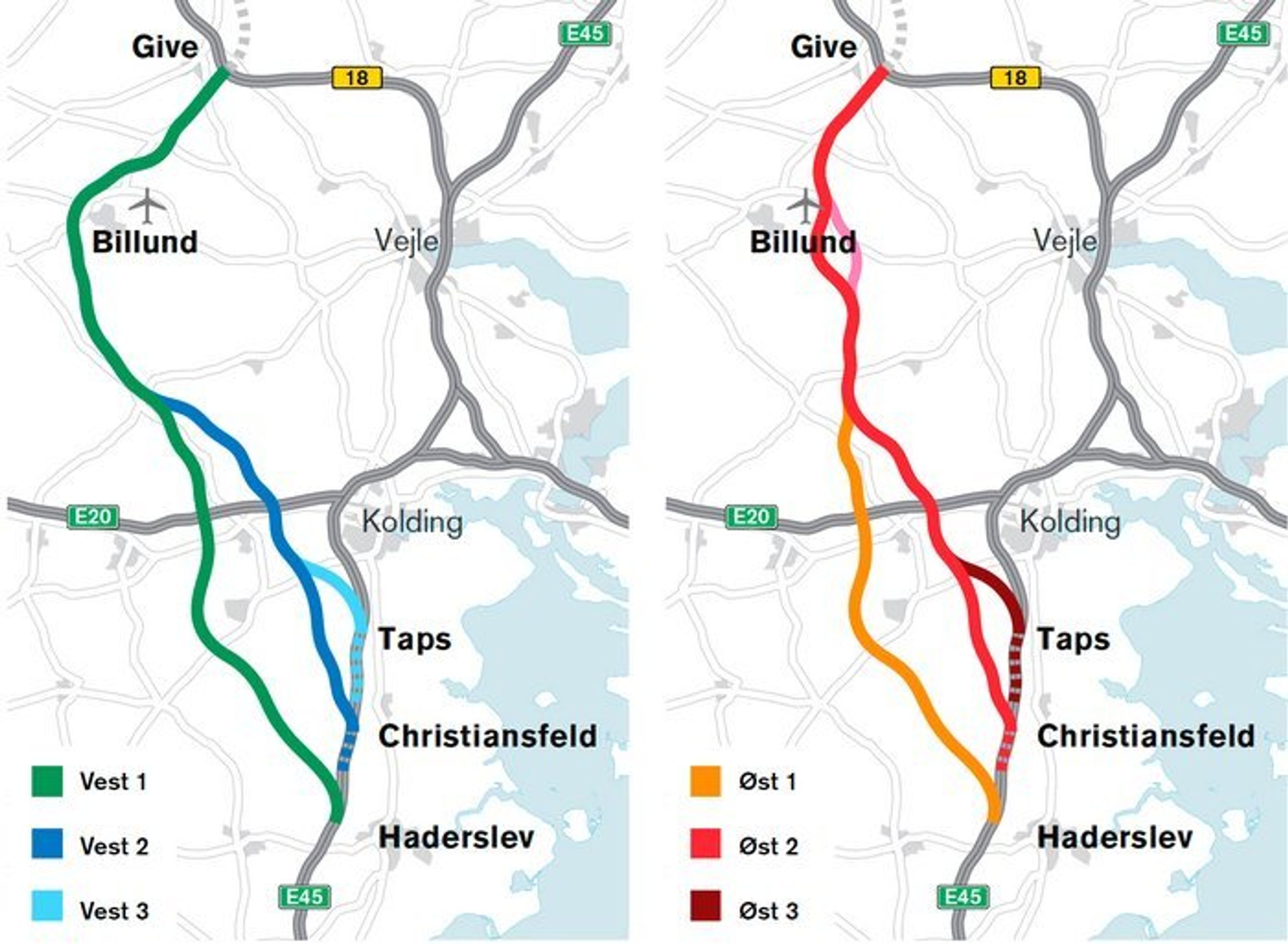 De undersøgte linjeføringer af en 'Hærvejsmotorvej'.