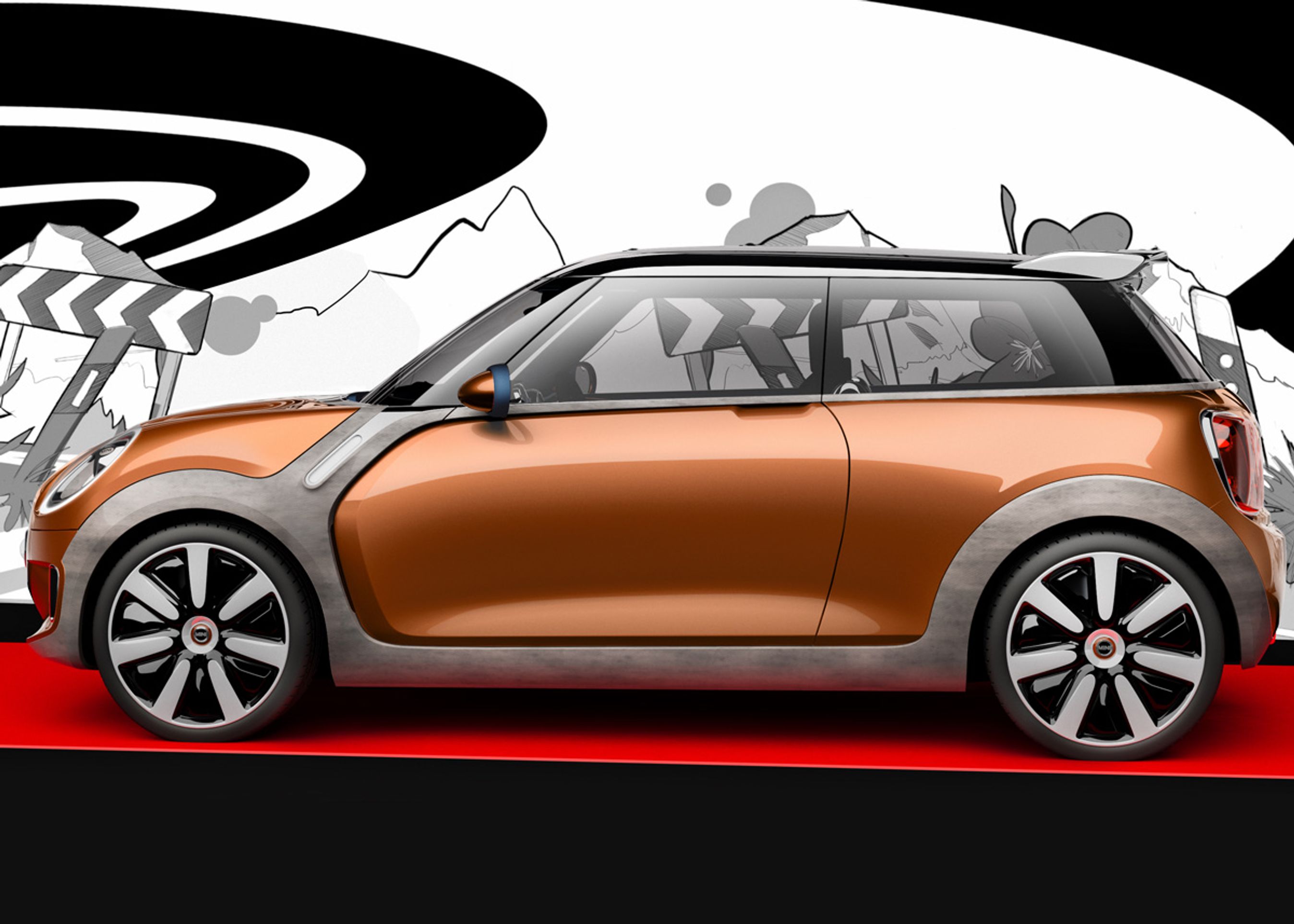 De store skærmkanter kendes fra den nuværende Mini. Her er de blot støbt ud i eet stykke, og de er lavet i kulfiberarmeret plast. Det mindsker vægten af bilen.