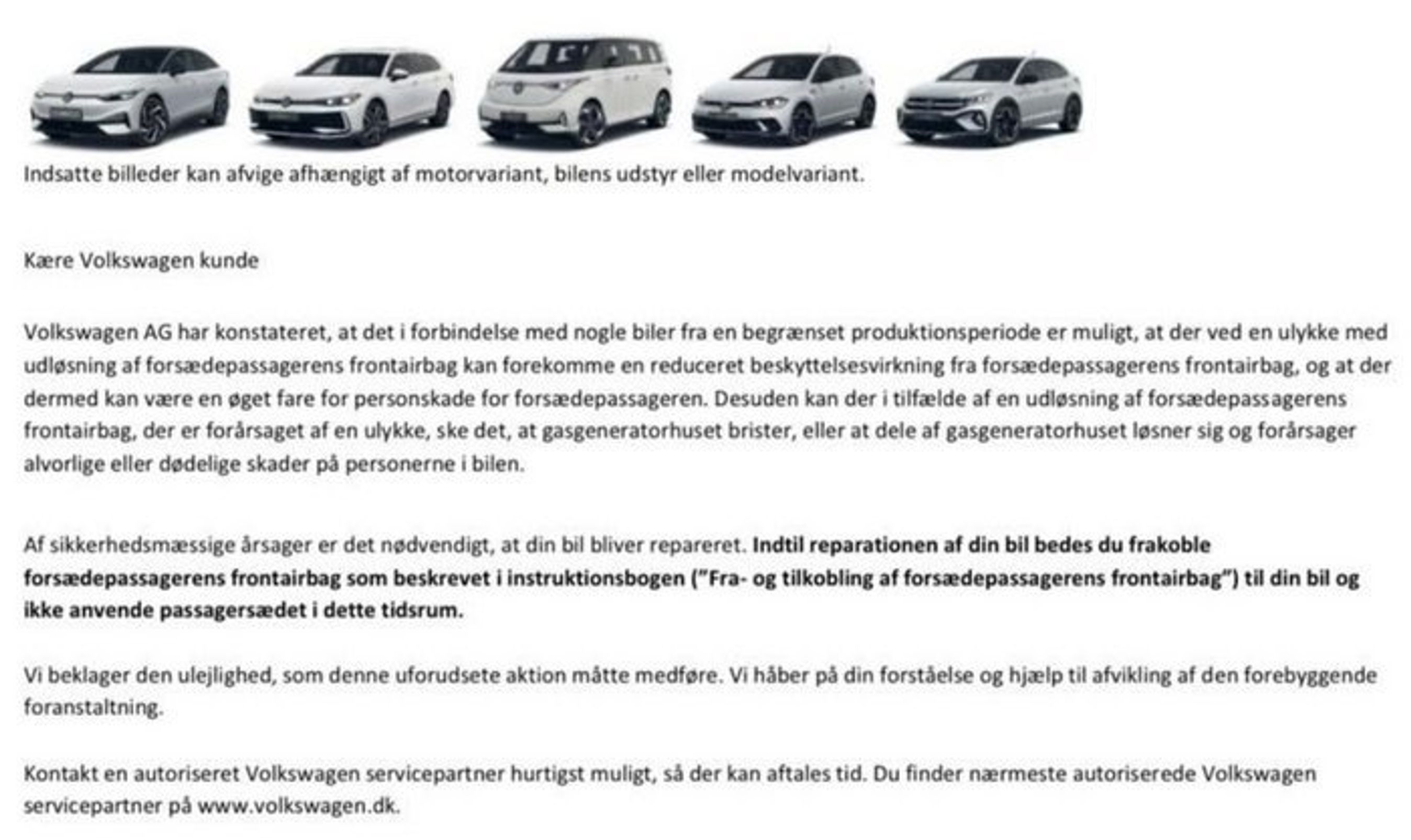Kundebrev til bilejere fra VW Danmark