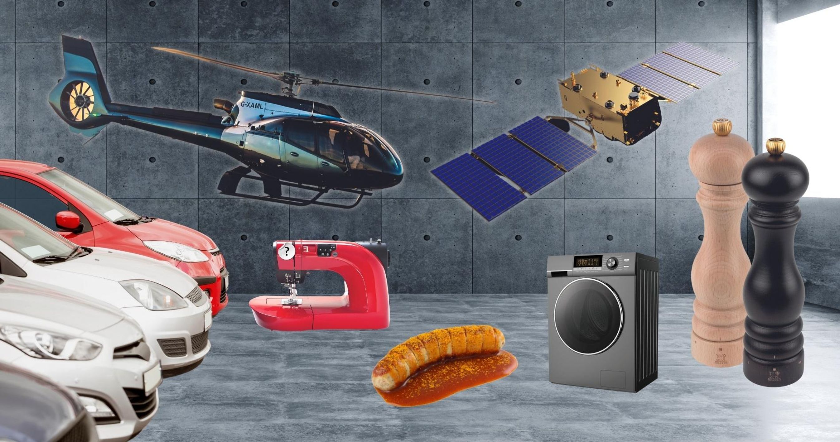 Collage med bil-showroom og diverse produkter