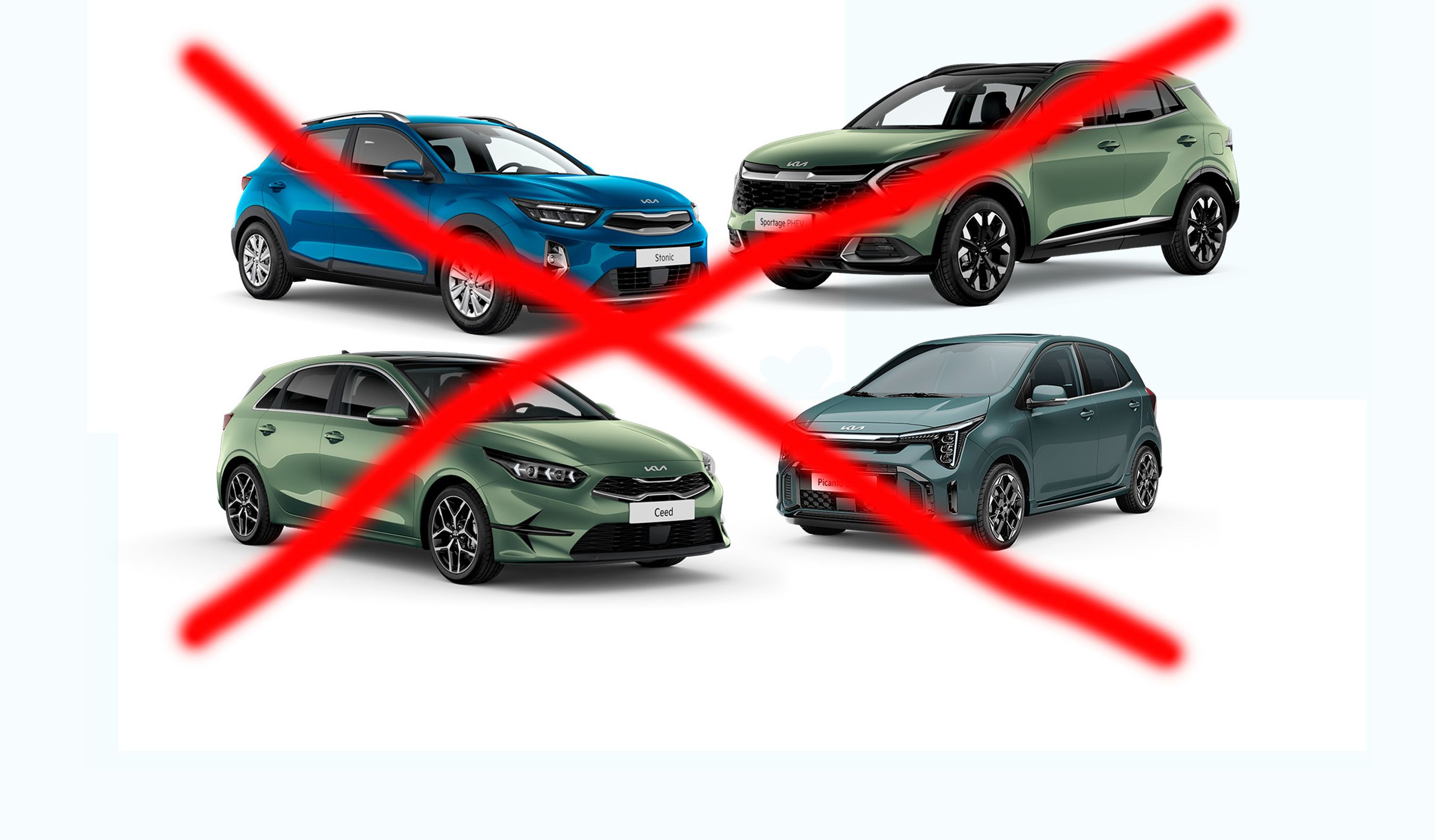 Fire biler med rødt kryds henover.