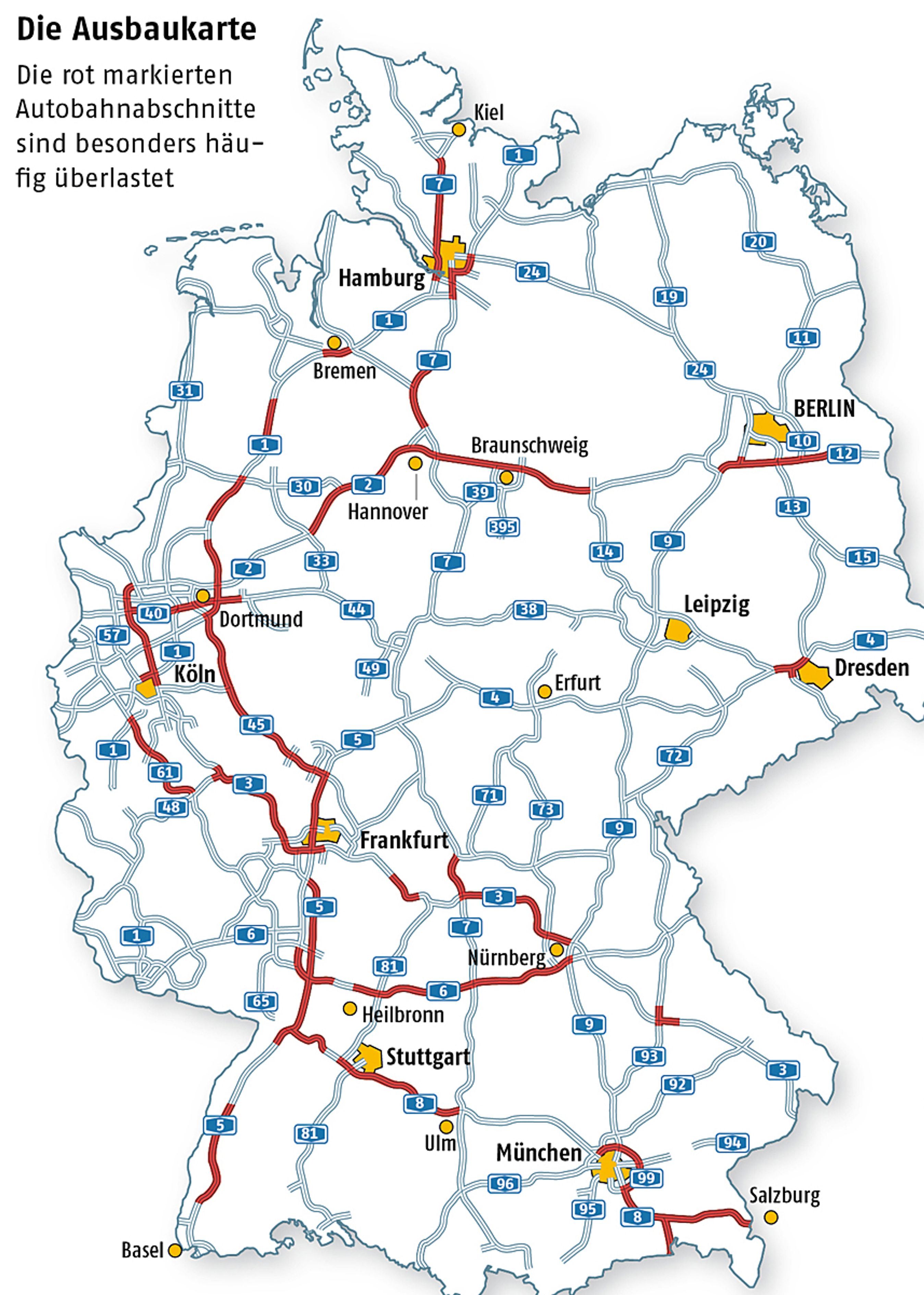 På de rødt markerede strækninger haster det ifølge ADAC mest med at få udvidet motorvejene, for her er trafikpropperne værst.