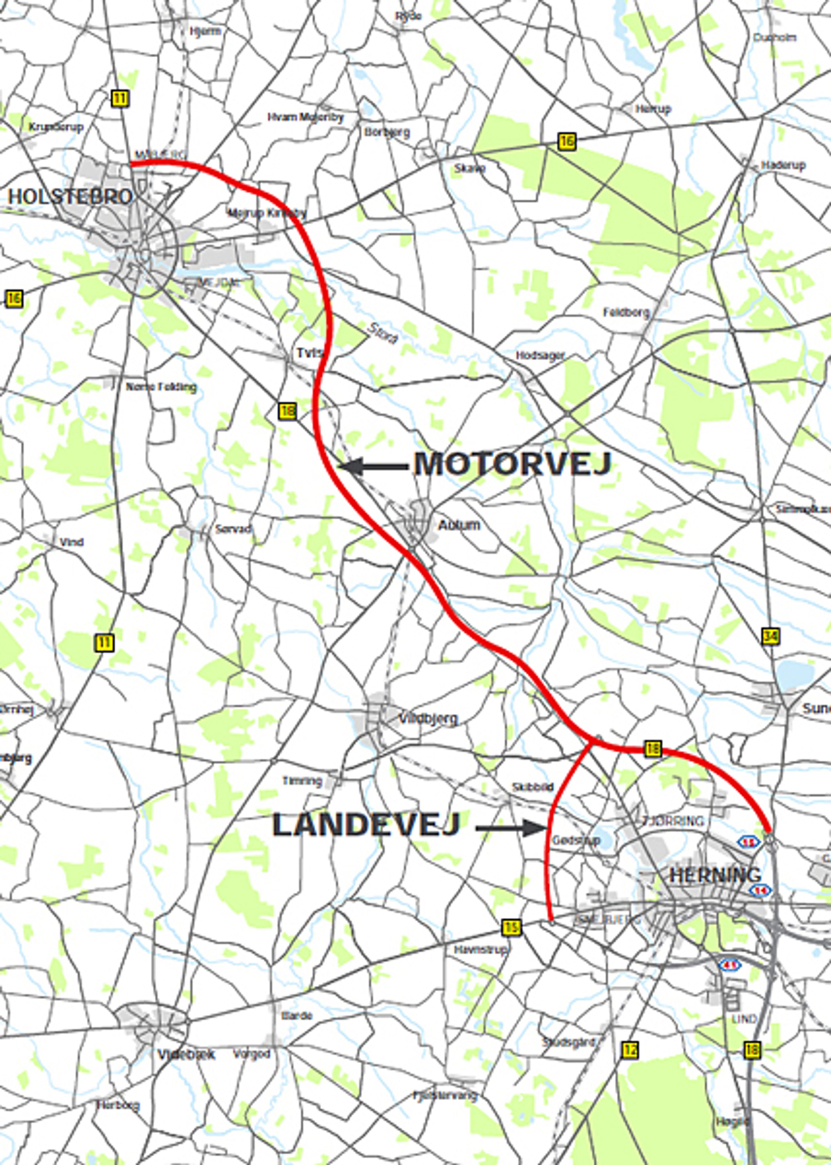 I alternativ 2 forlænges motorvejen til nord for Holstebro. Pris: 3,5 mia. kr.