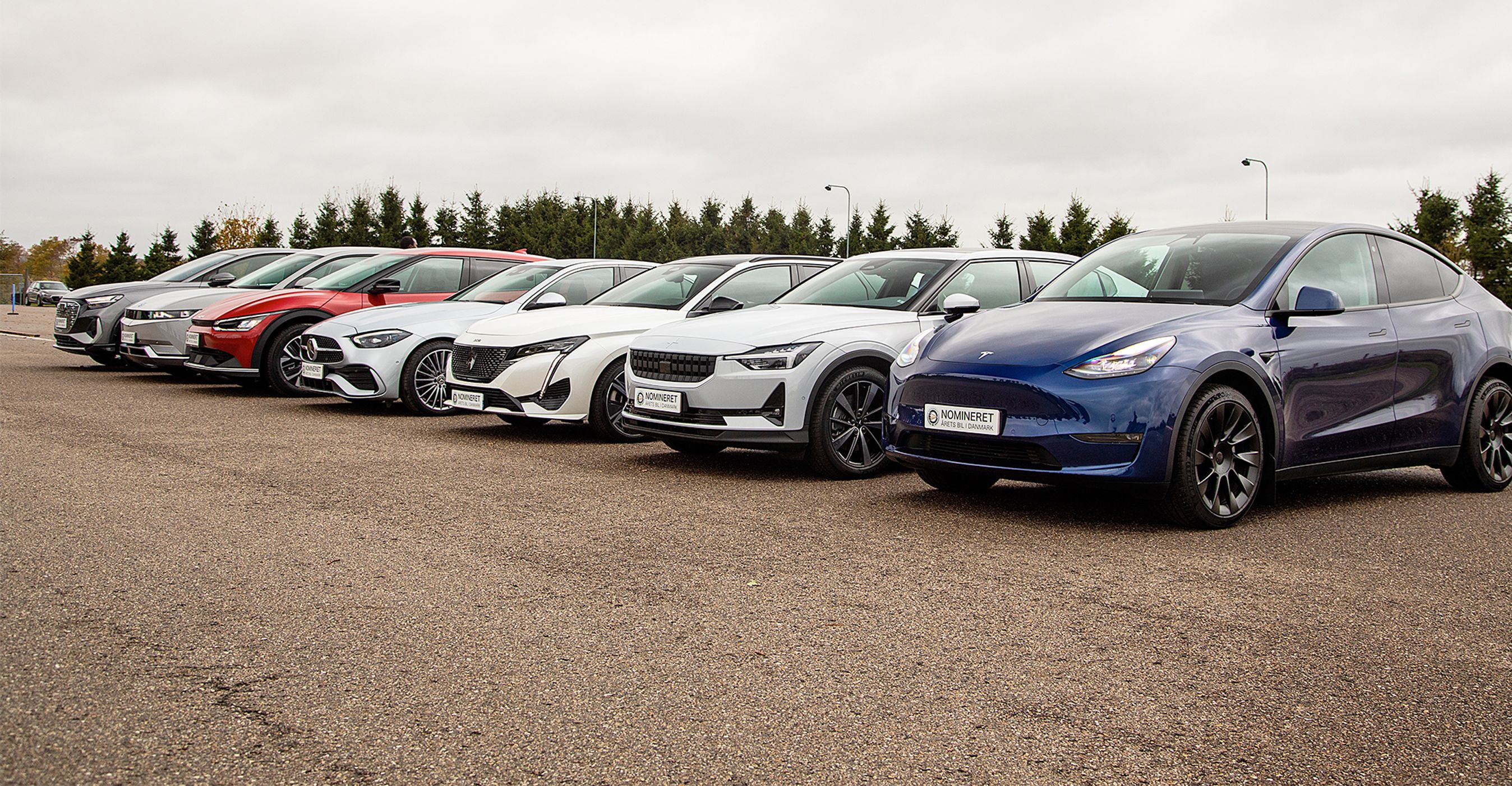 7 biler på stribe med blå Tesla Model Y i forggrunden.