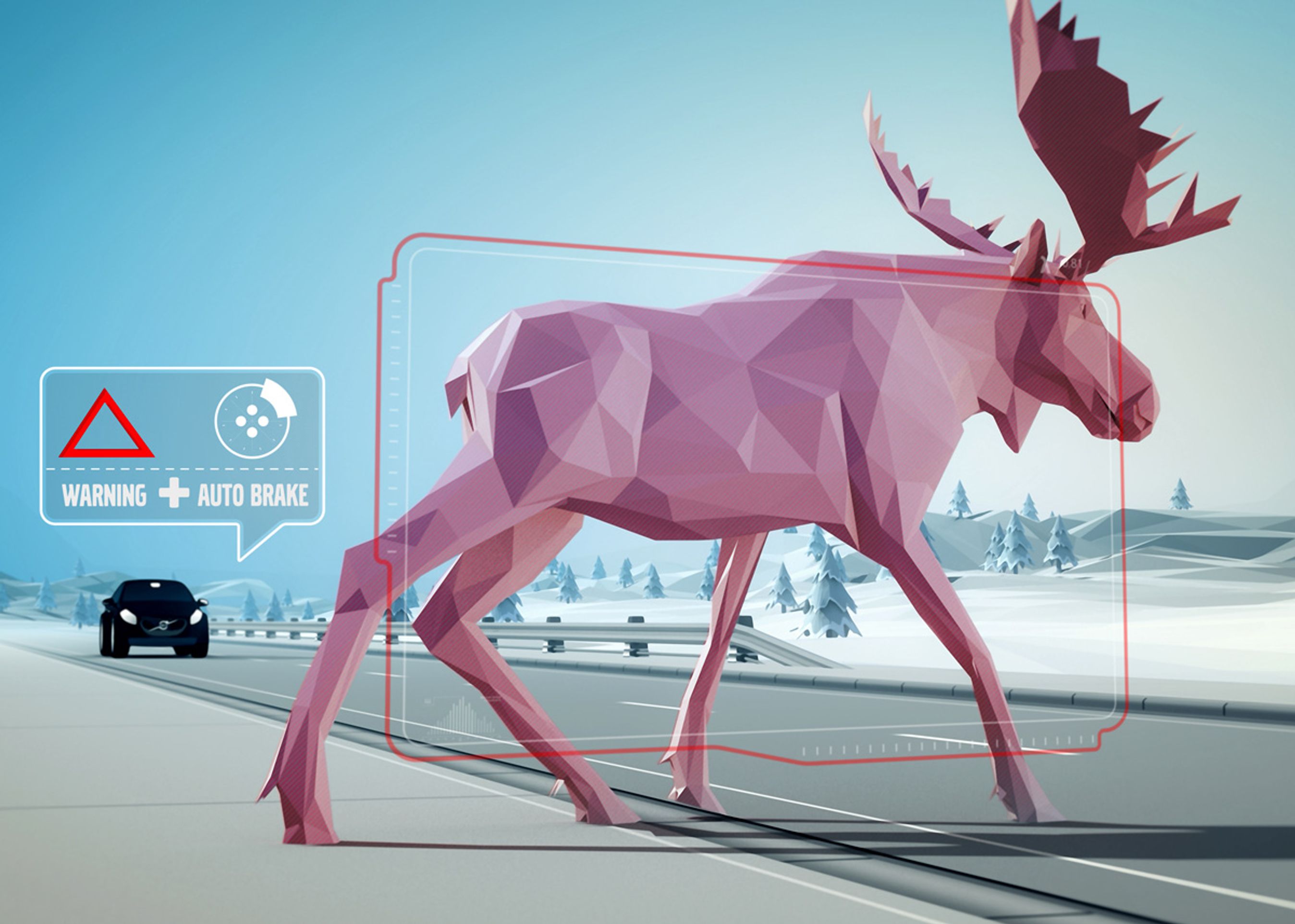 Når systemet har genkendt genstanden som et dyr - og bedømt at der vil være kollisionsrisiko - advares føreren med lys og lyd. Reagerer føreren ikke, og en kollision er uundgåelig, tramper automatikken bremserne helt i bund.