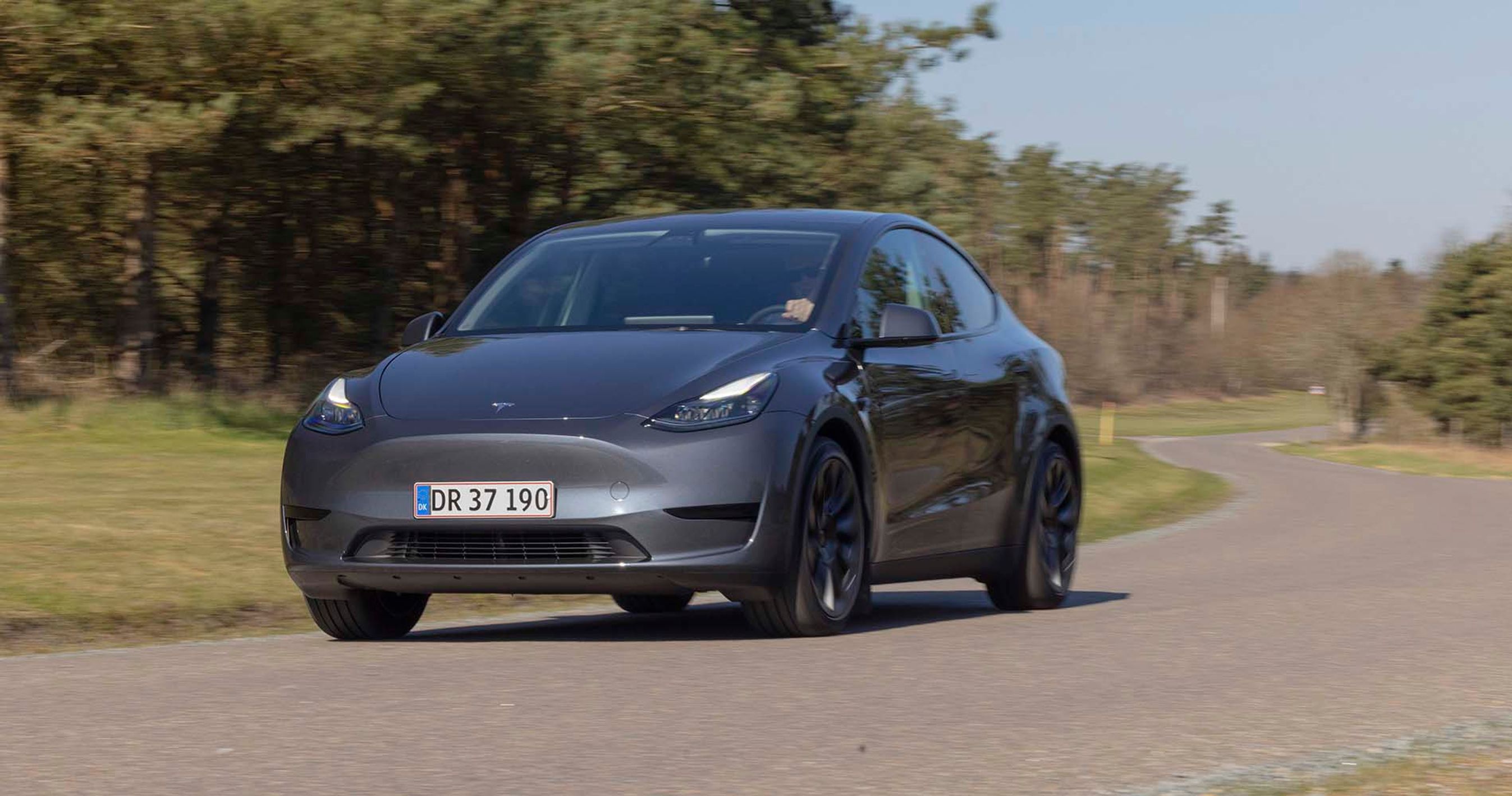 Tesla Model Y kører i sving på landevej med skov i baggrunden