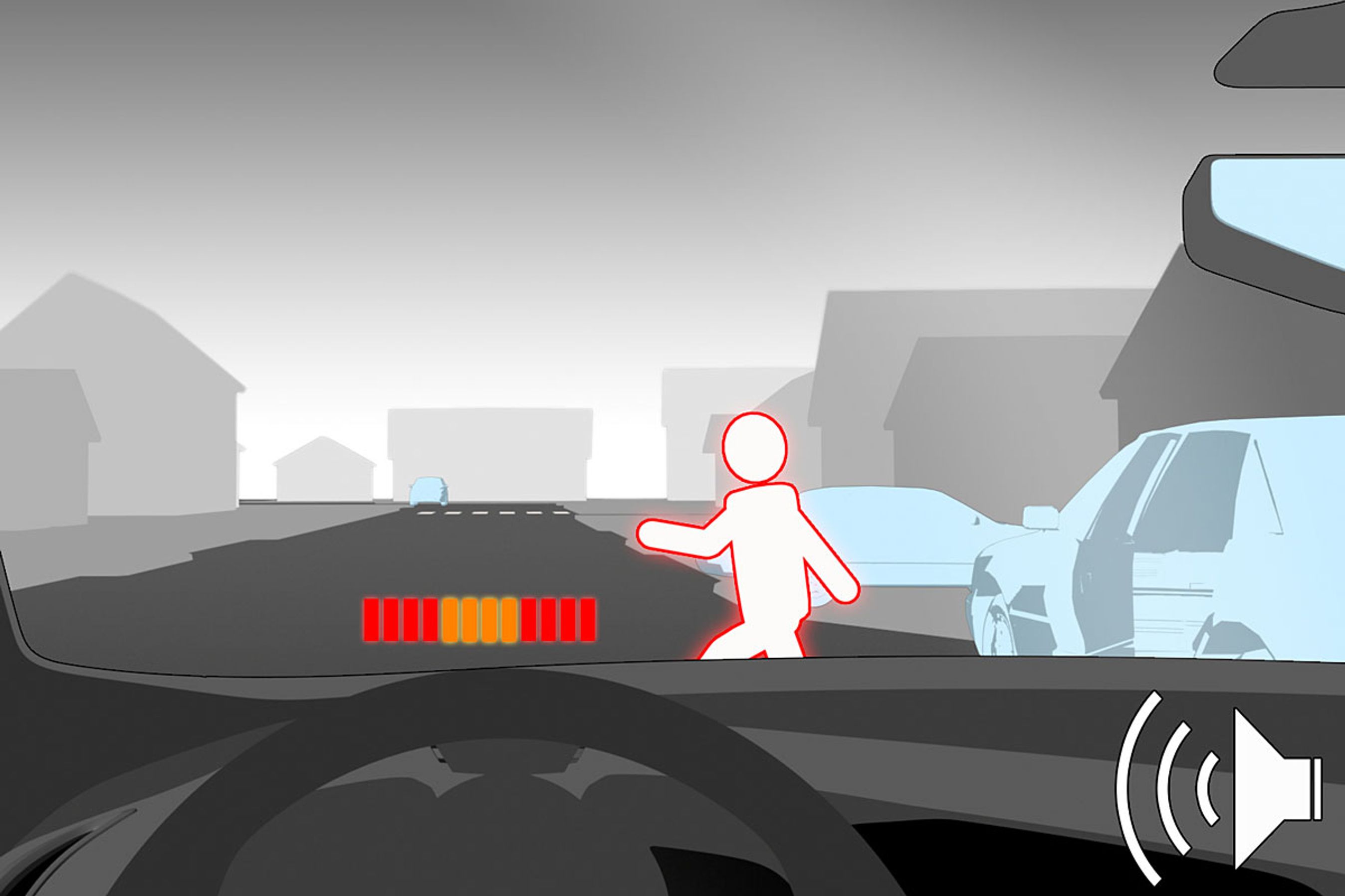 Når der er alvorlig fare på fære, blinker en hidsig lampe på head-up-displayet (forruden) for at illudere en bremselygte. Desuden lyder en hyletone.