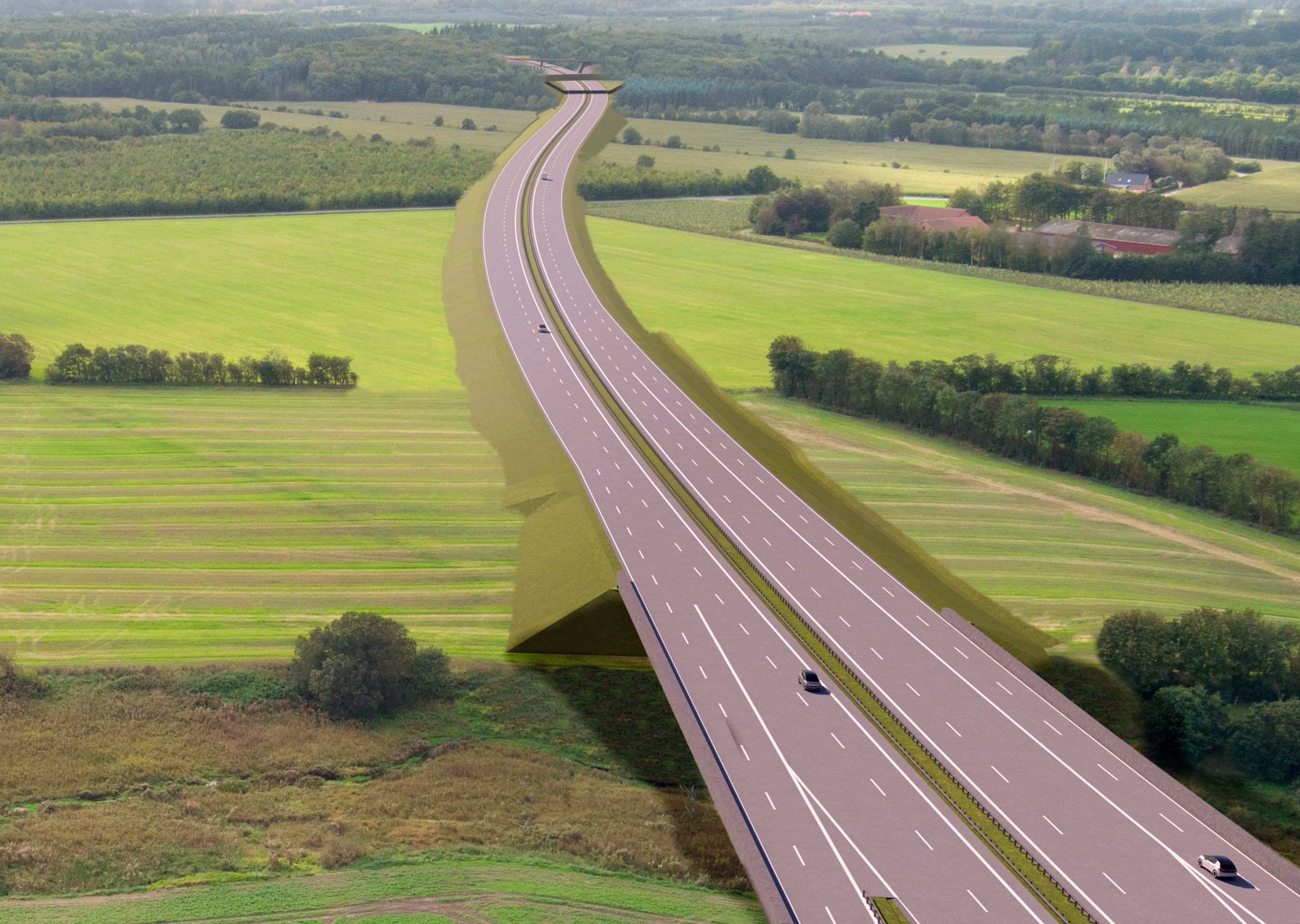 Computerbillede af kommende motorvej gennem landskab.