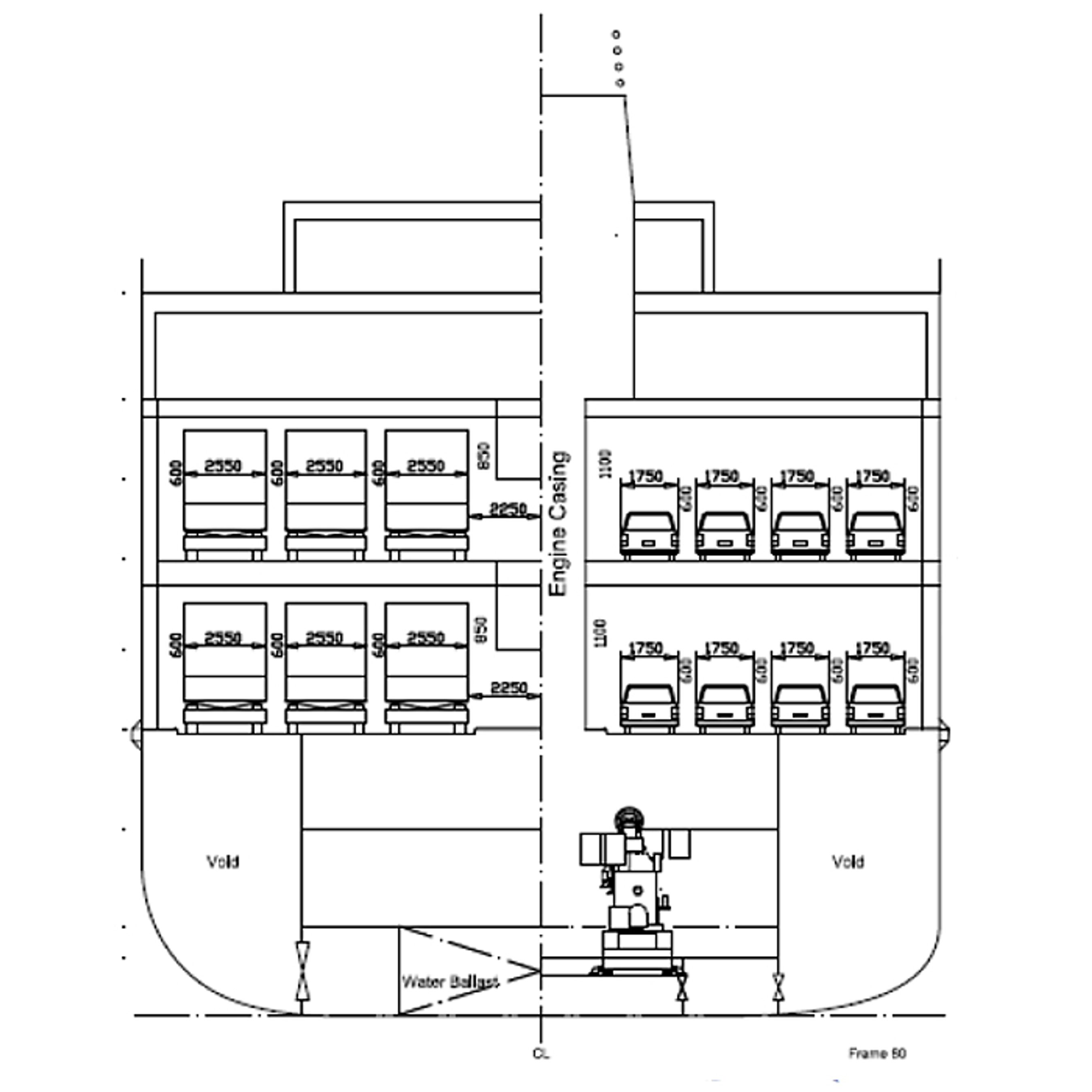 Vognbanerne er noget bredere til personbiler end på dagens prinsefærger mellem Gedser og Rostock. Illustration: Scandlines