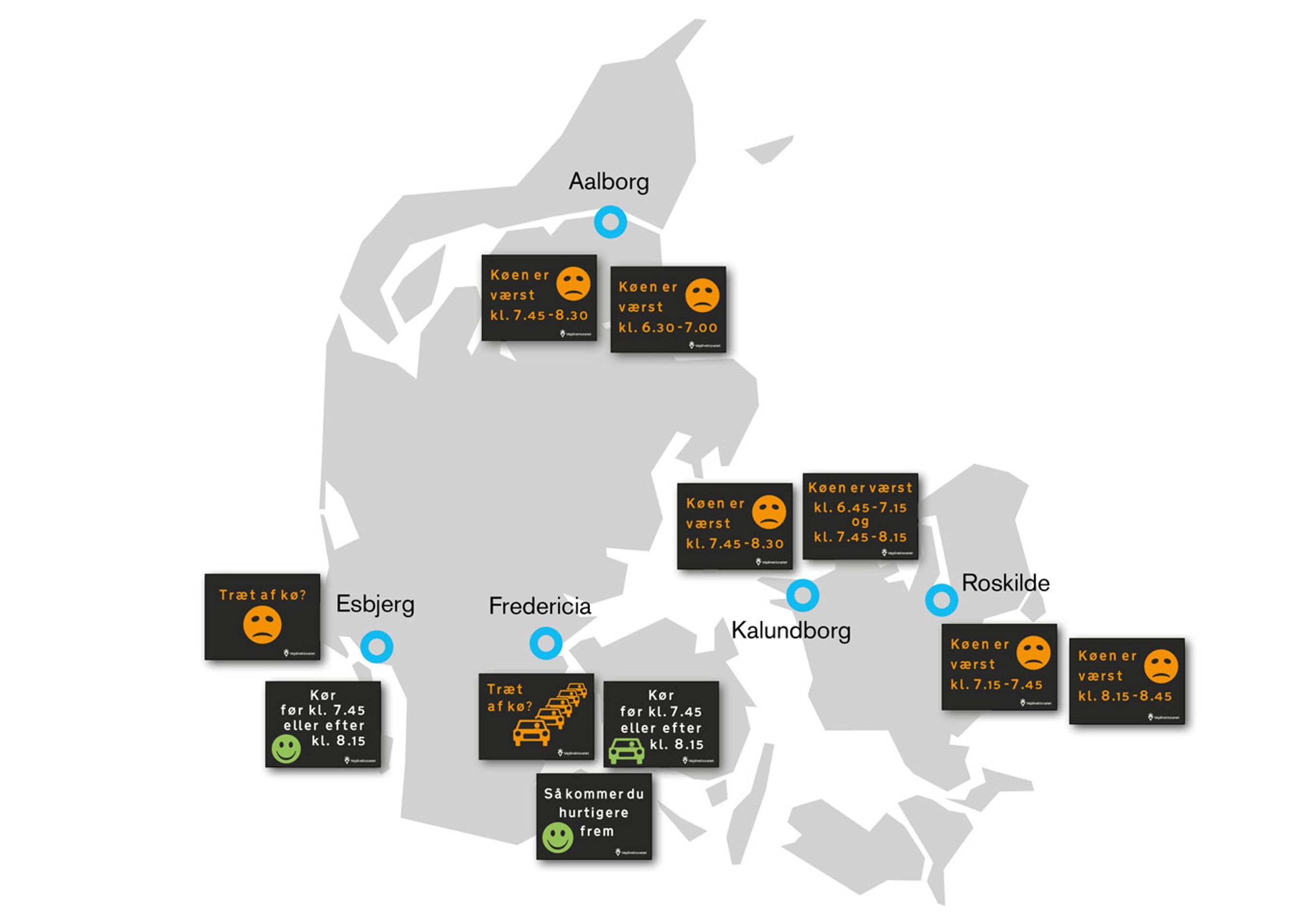 Her vil pendlerne på de kommende uger møde de nye skilte. På flere af strækningerne, som ved Fredericia, vil flere skilte formulere et tydeligt budskab om, hvordan man kører uden om den værste trængsel. (Grafik: Vejdirektoratet)