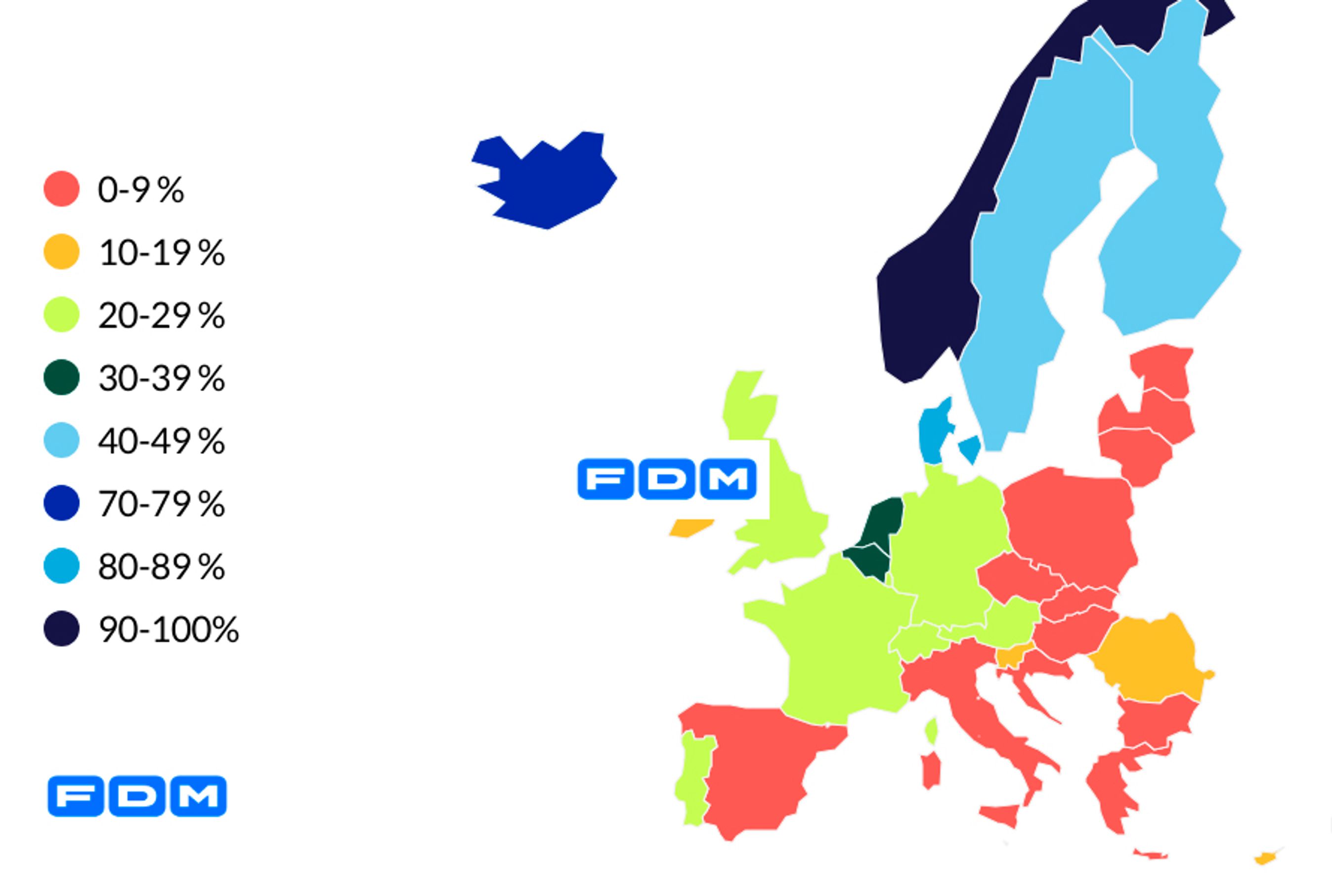 Kort der viser elbilandelen i europæiske lande.