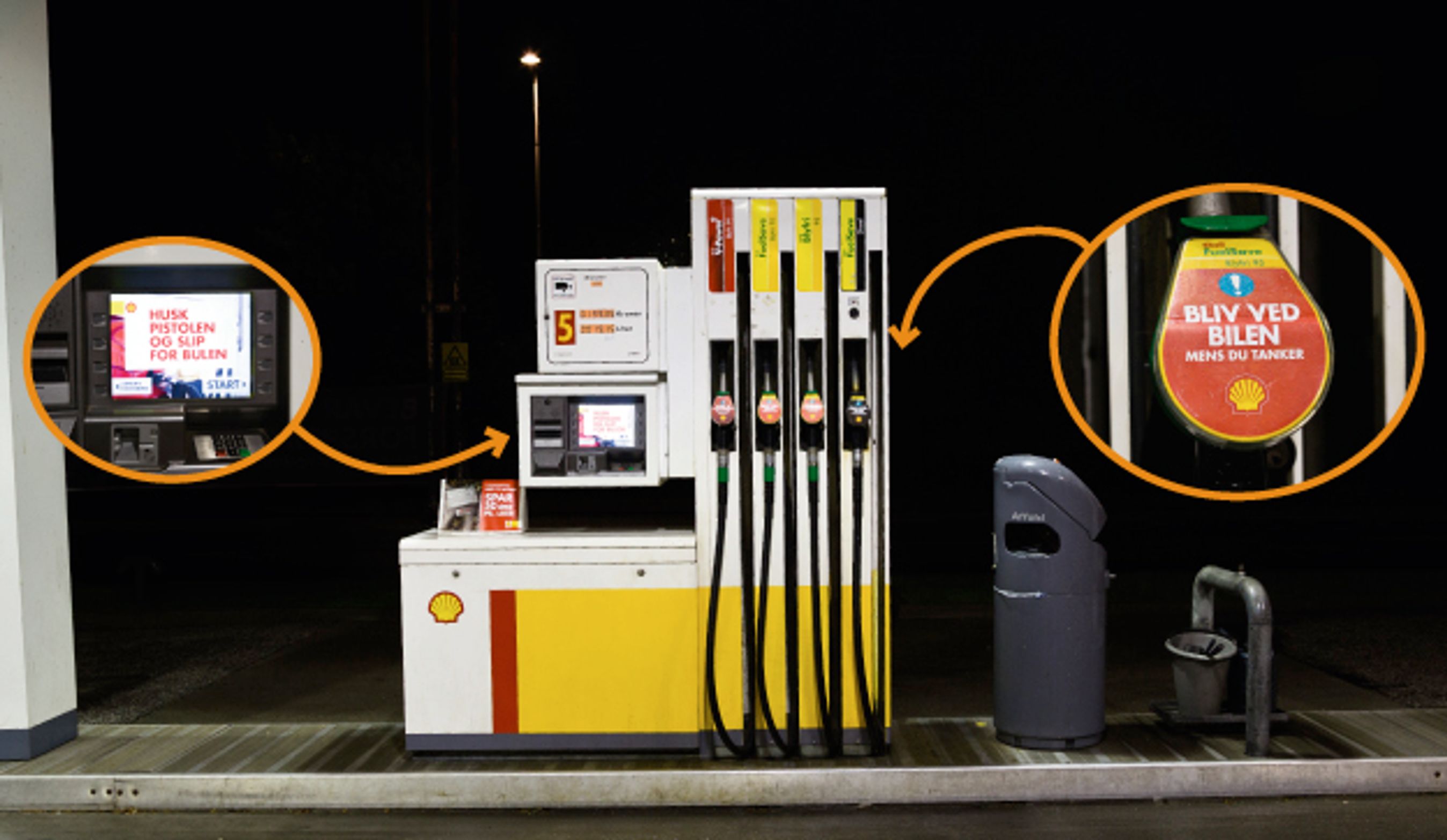 De mange uheld med bilister, der ødelægger standerne, får nu Shell til at gøre bilister opmærksomme på, at de skal blive ved standeren, når de tanker. Foto: Karsten Meyland Lemche