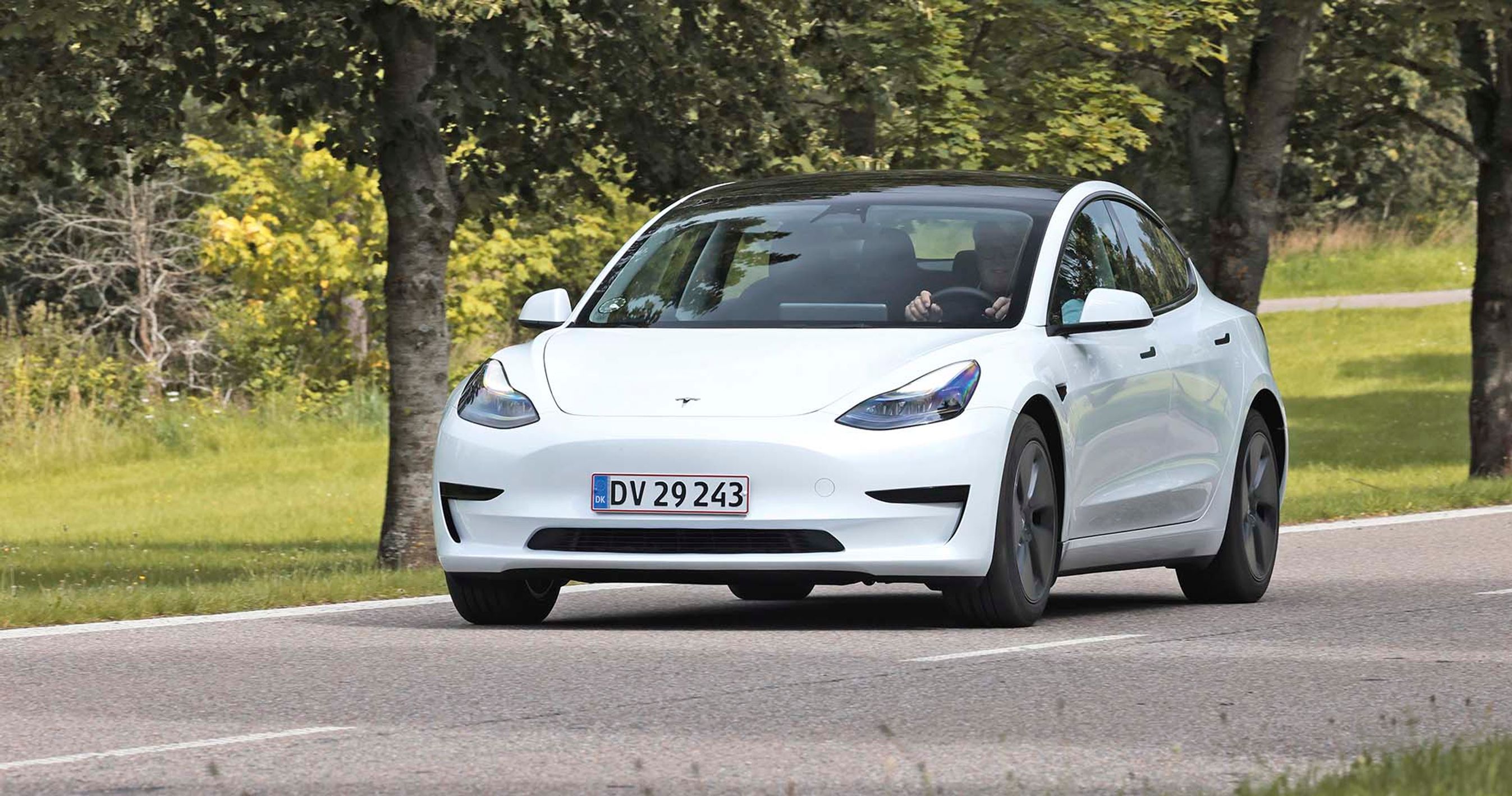En hvis Tesla Model 3 kører på en landevej med græs og træer i baggrunden.