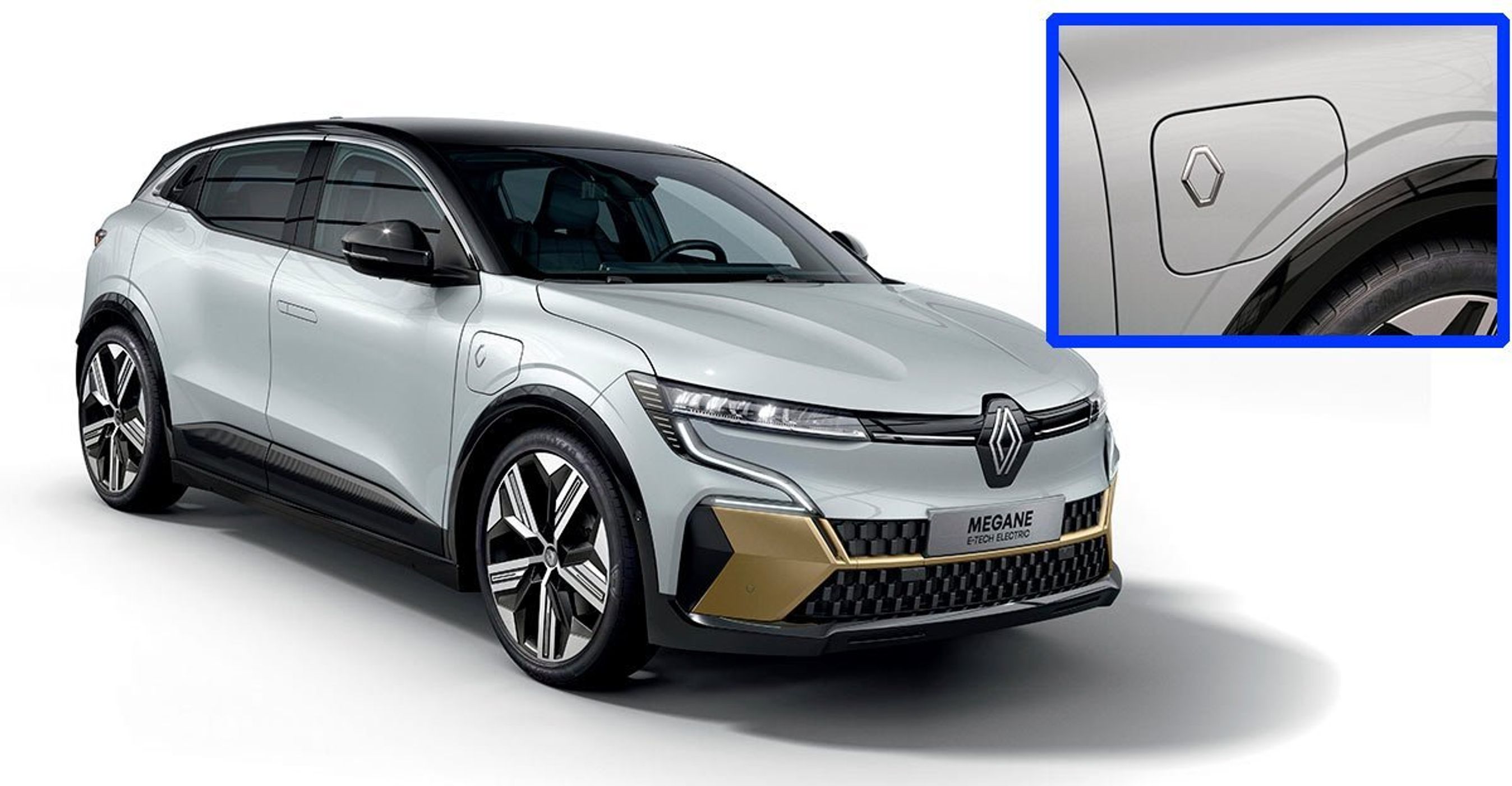 Renault Mégane Electric har ladeporten ved højre forskærm. Længere væk fra førerdøren kan man ikke komme. Det er uvist,  hvorfor denne placering er valgt. 