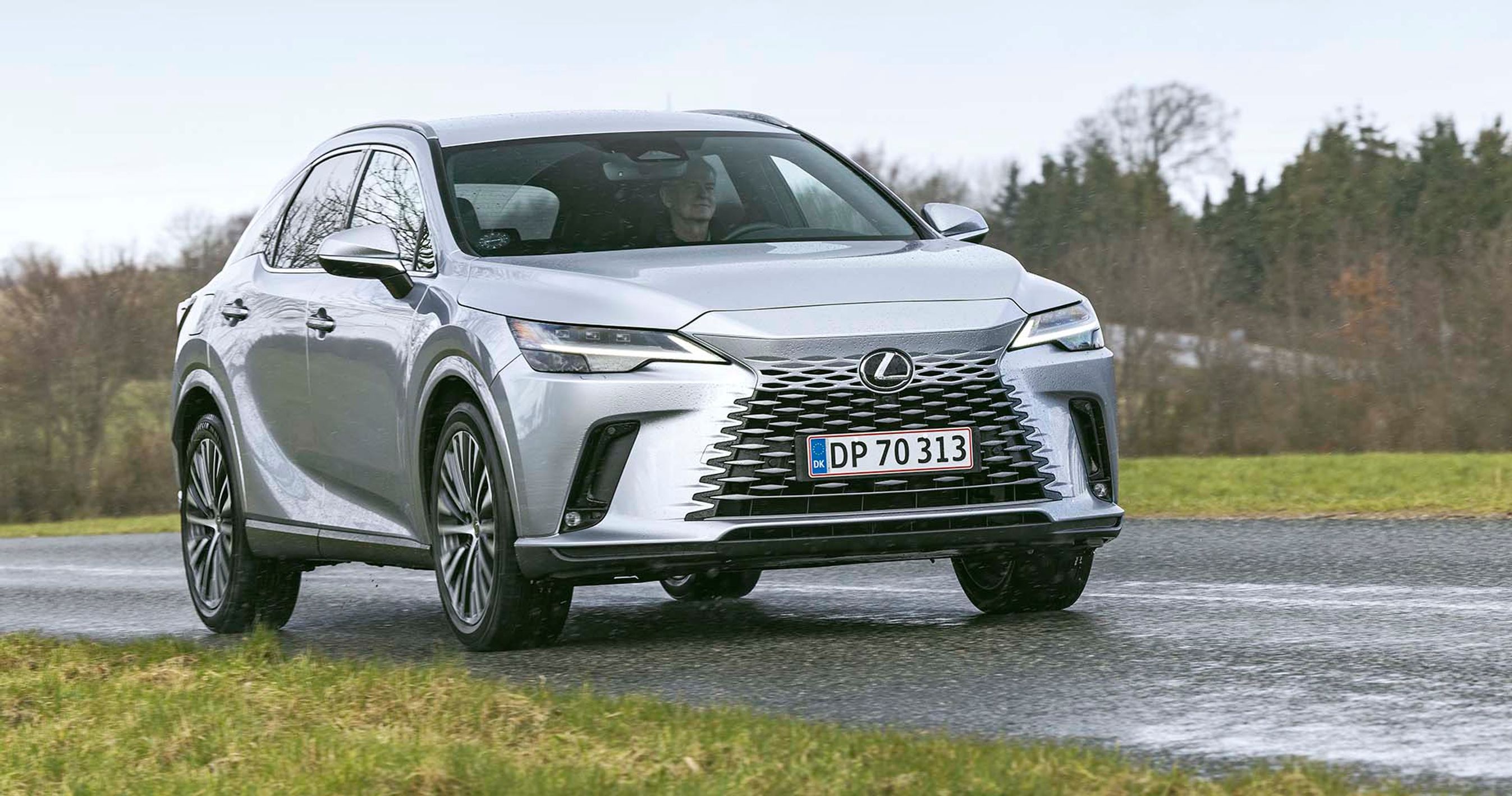 Sølvgrå Lexus RX plugin-hybrid kører på landevej med græs i forgrunden