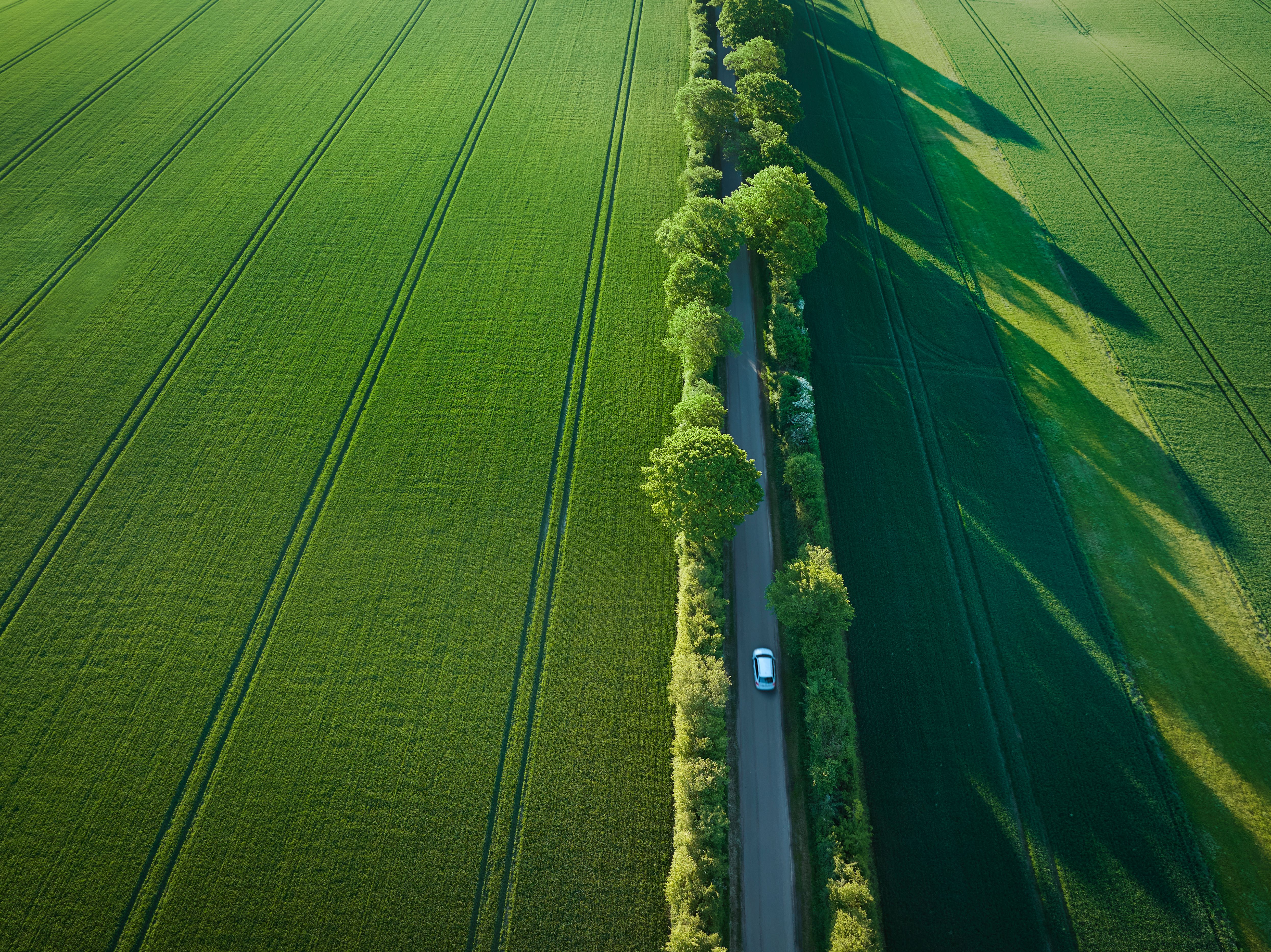 Bil set oppefra kører på landevej i sommersol