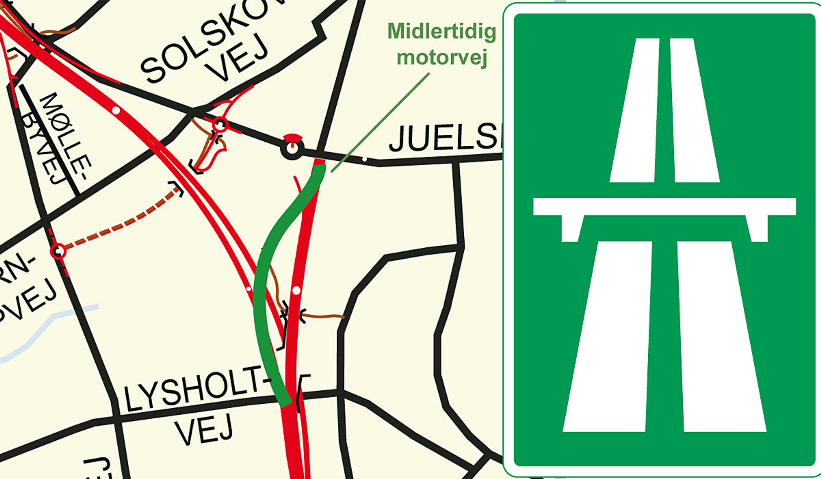 Den grønne strækning er den 800 meter lange midlertidige motorvej. Den røde vej skråt mod venstre er den nye Midtjyske Motorvej.
