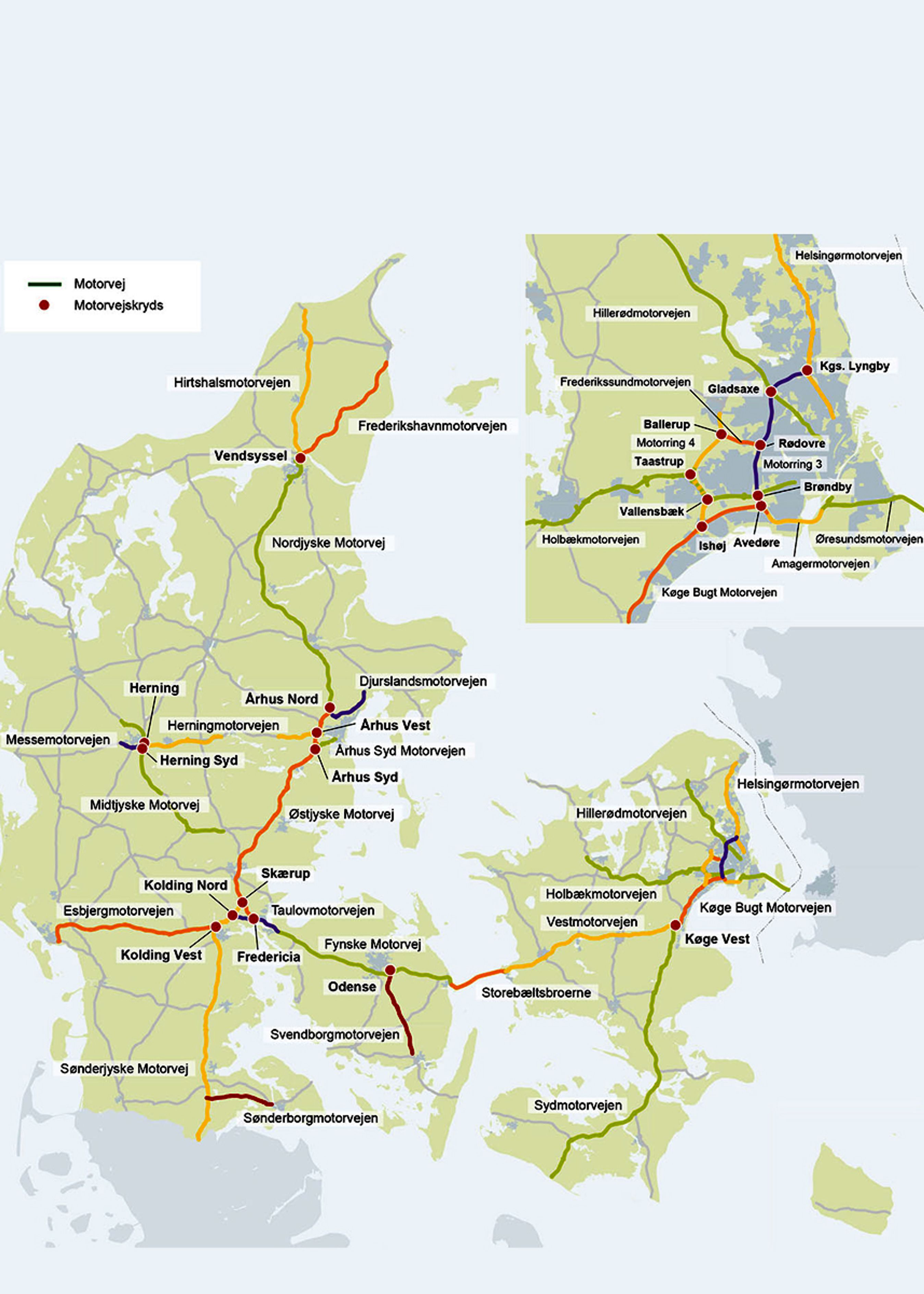 Navnene på danske motorveje - ekskl. den seneste navne-beslutning. Kortet er fra før, første etape af Kalundborg-motorvejen og næstsidste etape af Midtjyske Motorvej (ved Vejle) blev taget i brug.