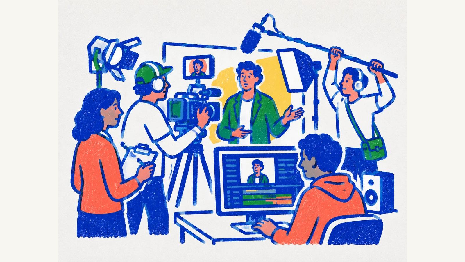 Kamera, ışık, boom mikrofon ve kurgu ekranıyla çalışan profesyonel video prodüksiyon ekibi