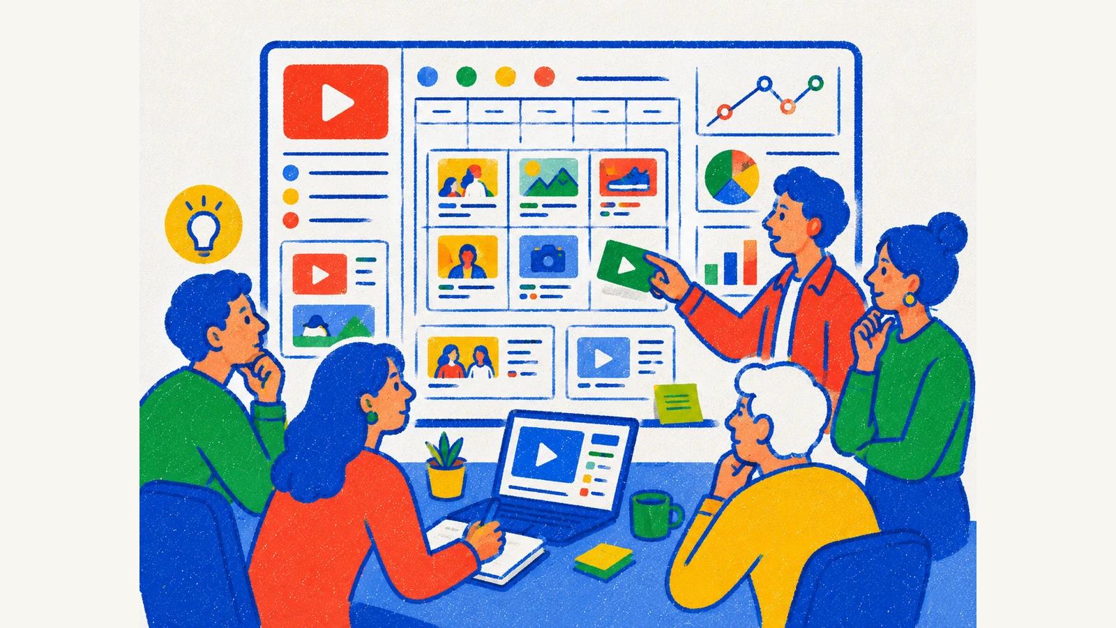YouTube içerik takvimi, video kartları ve performans grafikleri üzerinde çalışan marka içerik ekibi