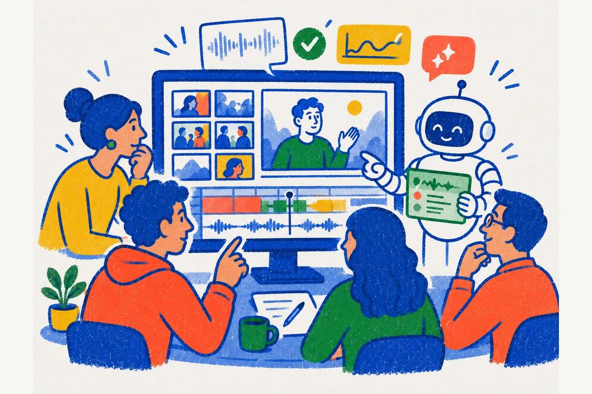 Yapay zekâ destekli kurgu ekranı çevresinde video editörlerinin birlikte çalıştığı prodüksiyon ekibi