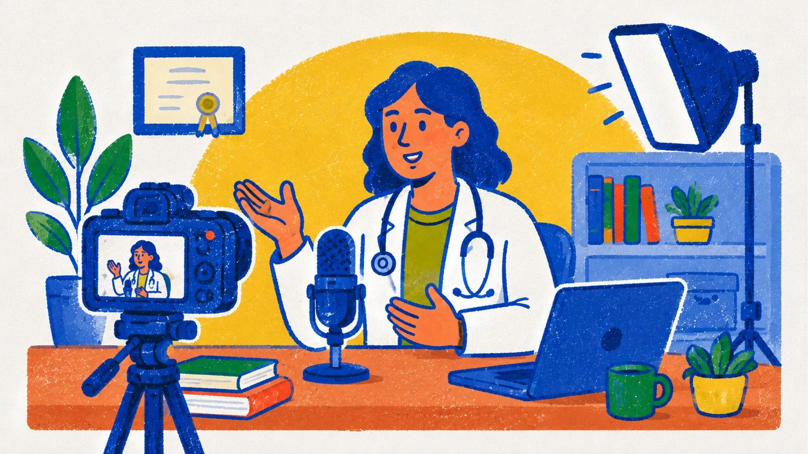 Kamera, mikrofon ve ışık önünde güvenilir sağlık içeriği kaydeden doktor