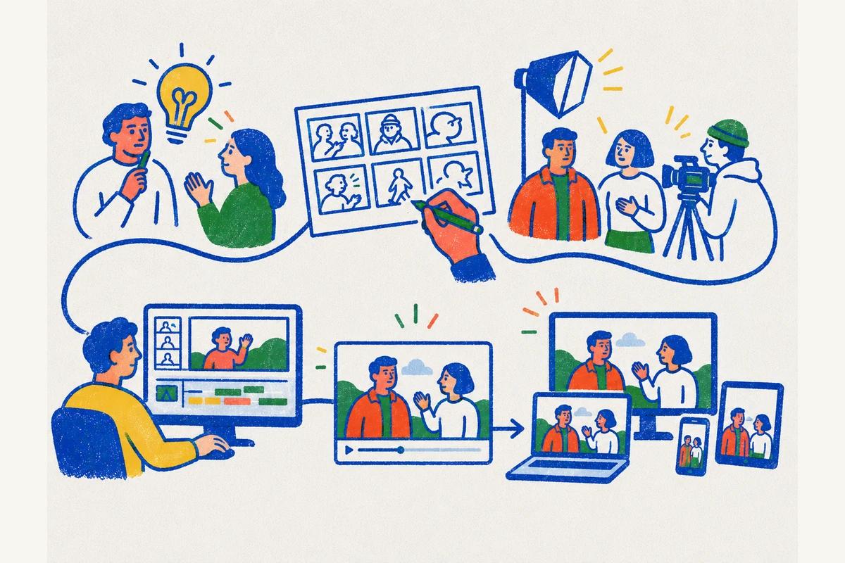 Storyboard, çekim, kurgu ve farklı ekranlara teslim aşamalarını gösteren video prodüksiyon süreci