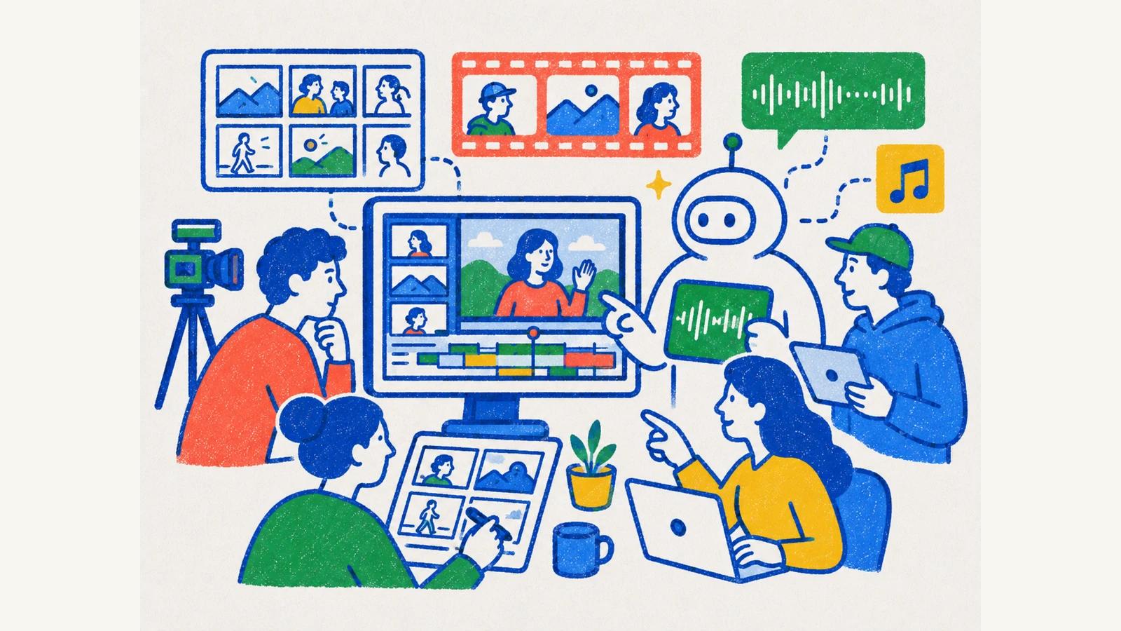 Video editörü, yapay zekâ asistanı ve ekip üyelerinin birlikte çalıştığı AI destekli prodüksiyon sahnesi