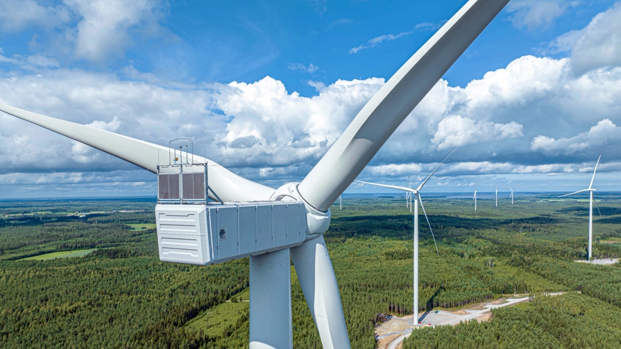 A wind turbine photographed from an elevated position