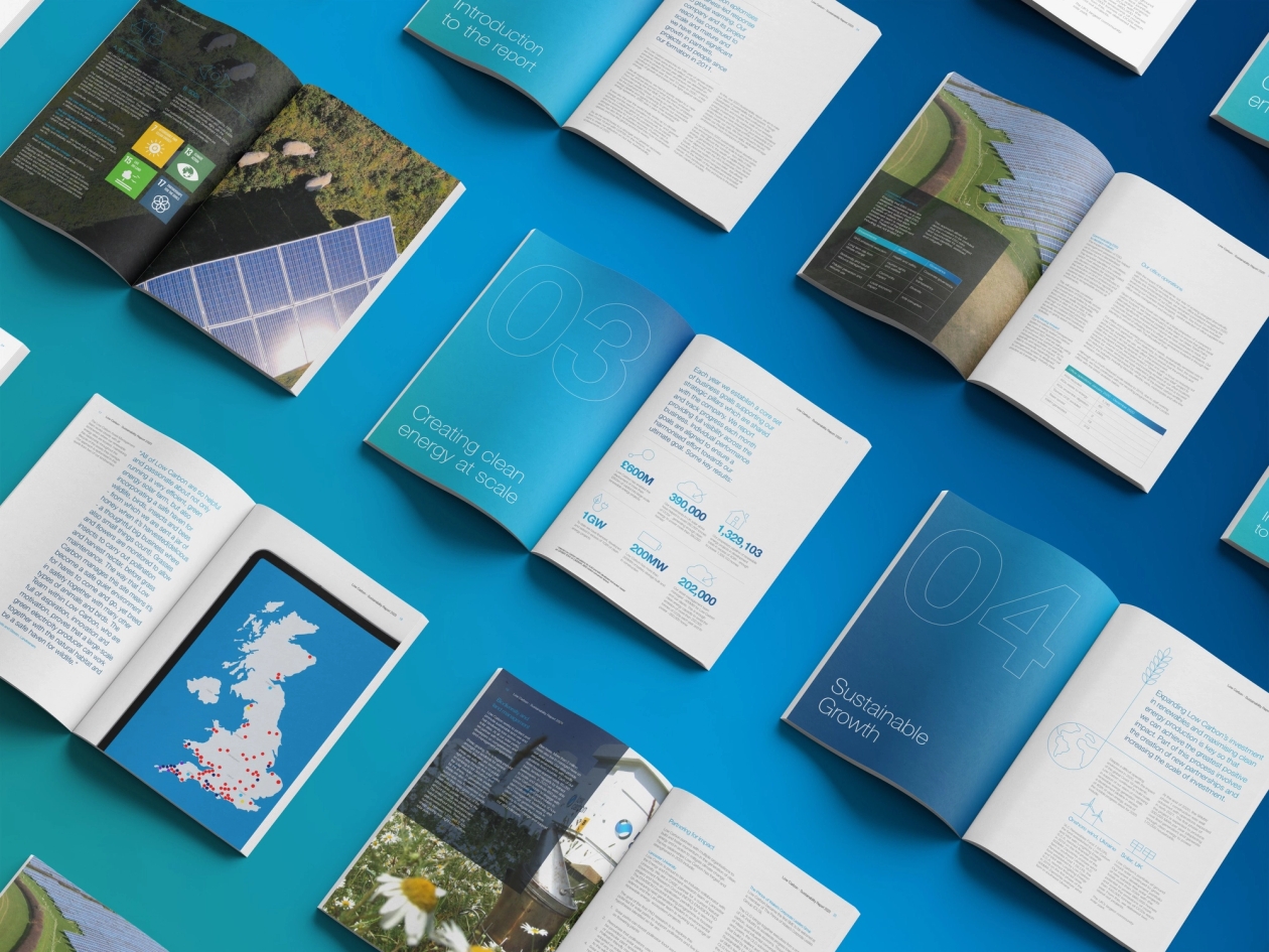 A flat-lay of a selection of Low Carbon reports