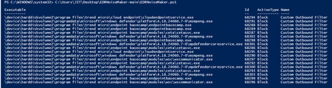 Figure 4. Using EDRNoiseMaker to confirm that rules have been made. This will show the ID and the path of executables that were blocked with custom outbound filter.